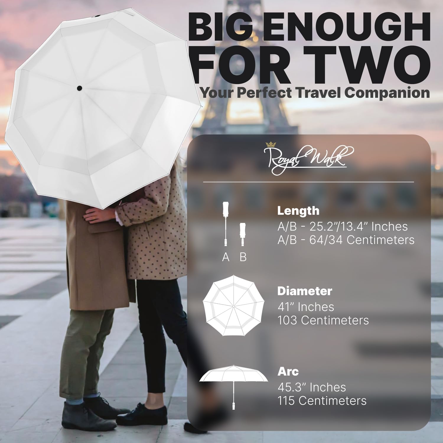 Royal Walk Windproof Folding Travel Umbrella Compact and Strong Luxurious Real Wood Handle Automatic Open Close Vented Double Canopy for Men and Women (White)