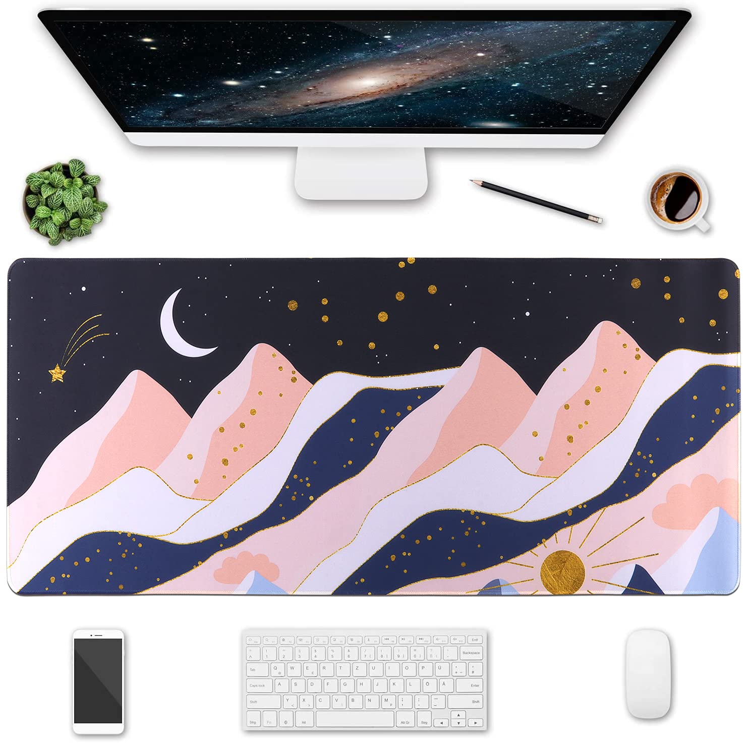 HAOCOO Desk Mat Large Mouse Mat XXL Gaming Mouse Pad Anti-Slip Desk Protector Keyboard Pad Computer Accessories for Office Home Work(Mountain & Starry Sky, 90*40CM)
