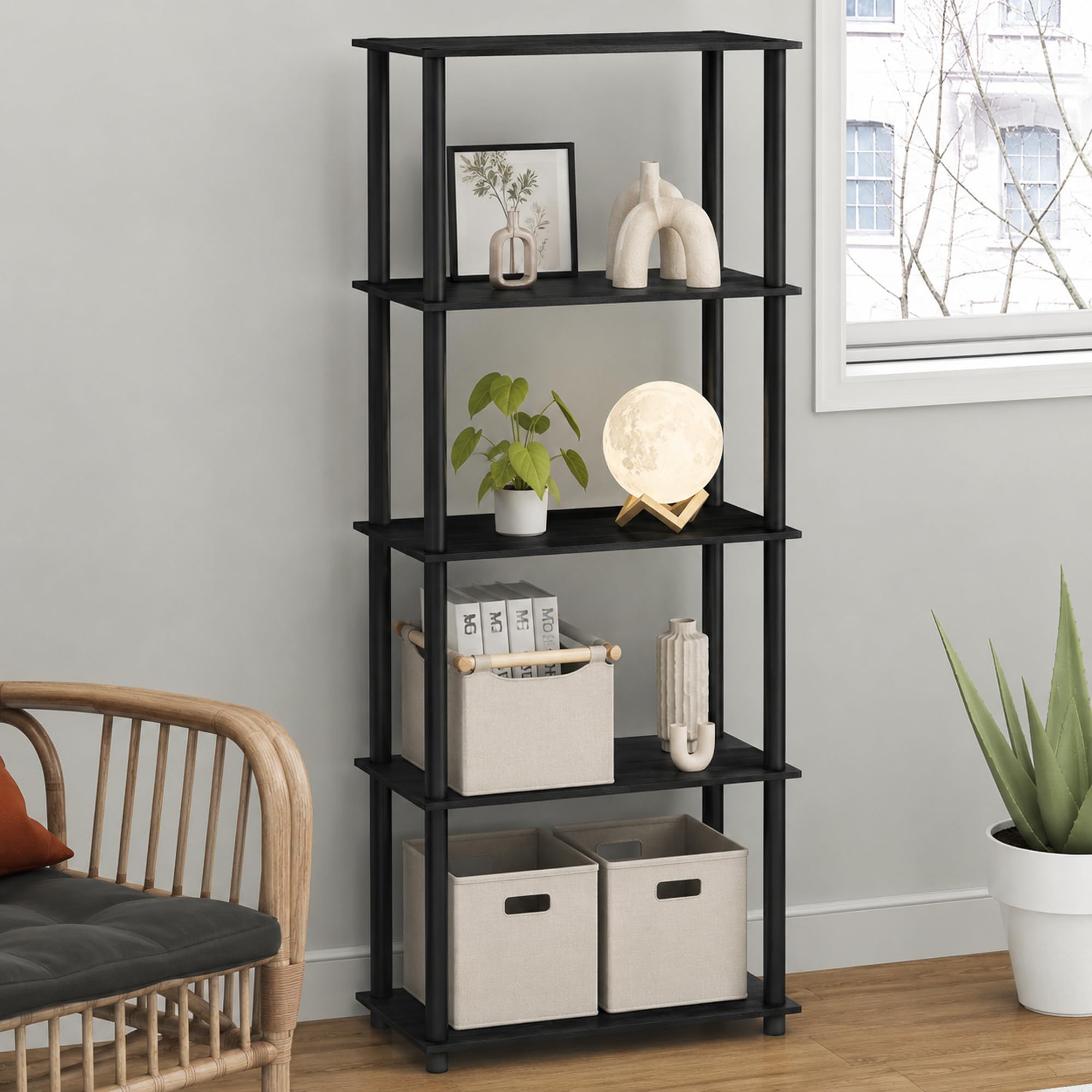 Furinno TURN-N-TUBE Toolless Assembly 5-Tier Storage Shelves, Black Book Shelf, Open Storage Bookshelf, for Organization and Storage, Living Room, Home Office, Bedroom, Dark Americano