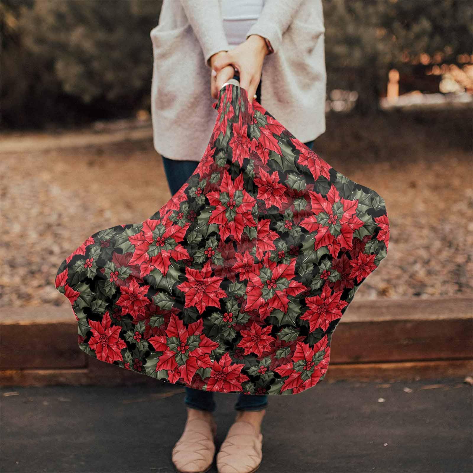 Nursing Cover for Breastfeeding Scarf, Christmas Poinsettia Floral Black Baby Car Covers Super Soft Multi Use for Canopy Shopping Cart Cover Blanket Stroller Cover