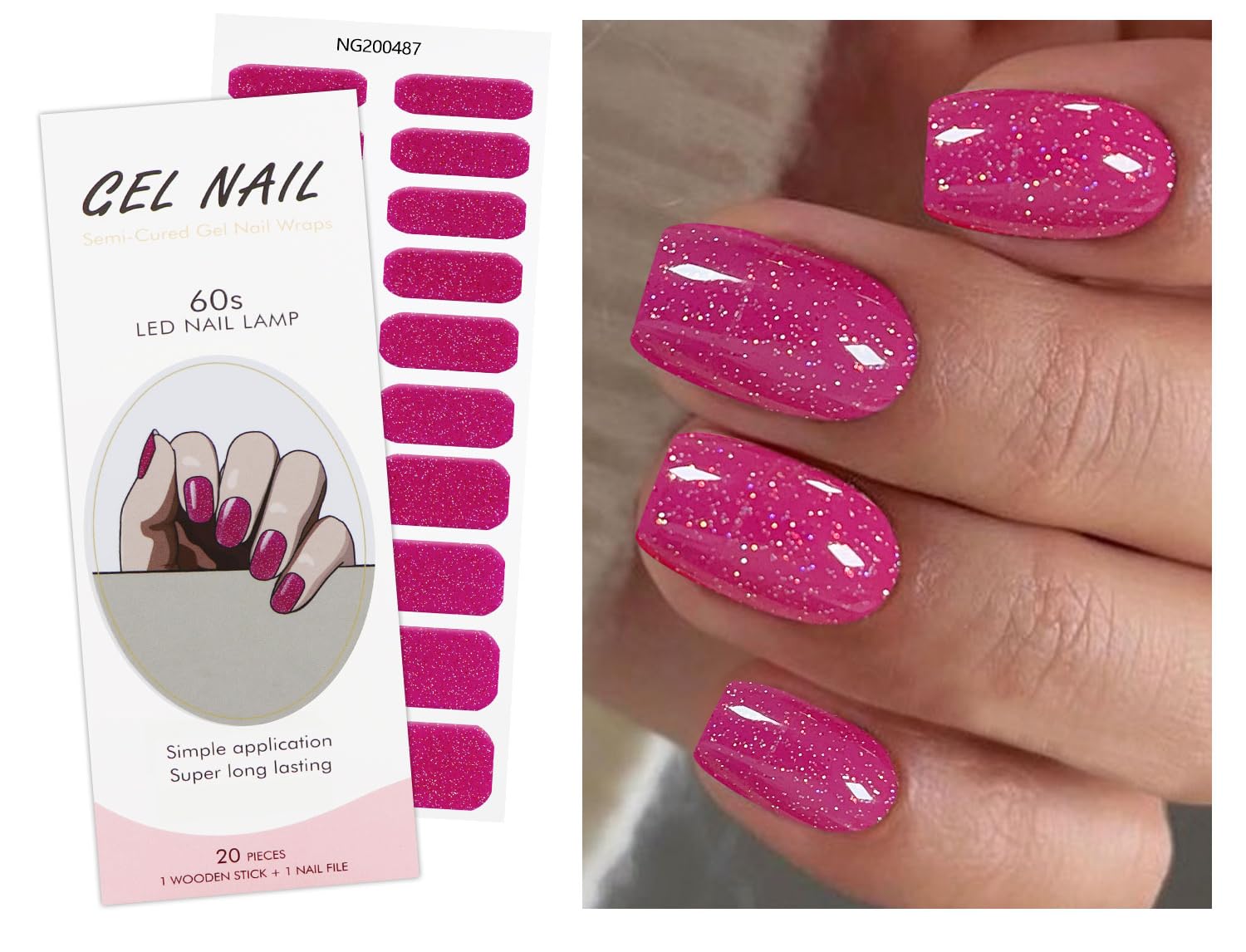 JMEOWIO Gel Nail Stickers Glitter Pink Semi Cured Gel Nail Strips Wraps UV/LED Nails Art Design Decoration Accessories