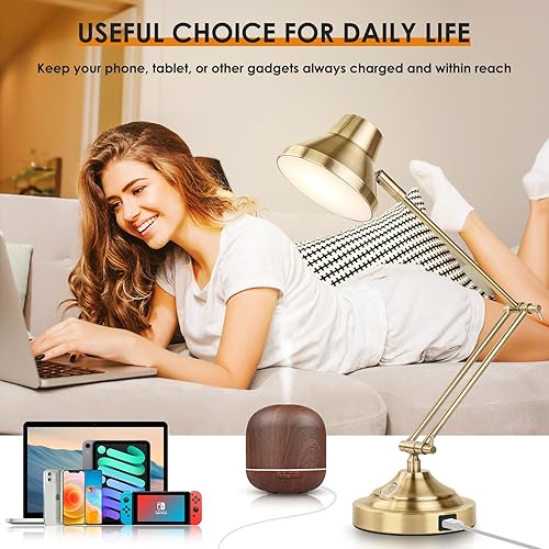 Miniatura 5 de Lámpara de escritorio LED con puerto USB, lámpara de mesa táctil regulable con 3 modos de color, luz de lectura dorada con brazo ajustable, lámpara