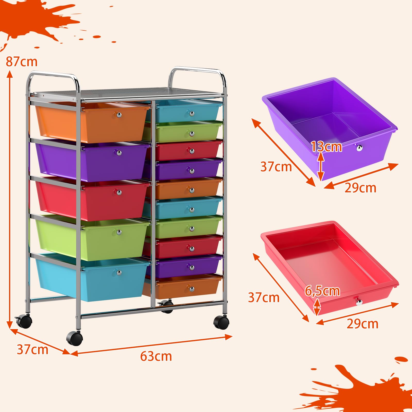 GIANTEX Carro de Almacenamiento con 15 Cajones Plásticos, Estantería con 4 Ruedas 360°, 2 Bloqueables, 63 x 37 x 87 cm, Carrito Auxiliar para Salón, Cocina, Baño (Colorido)