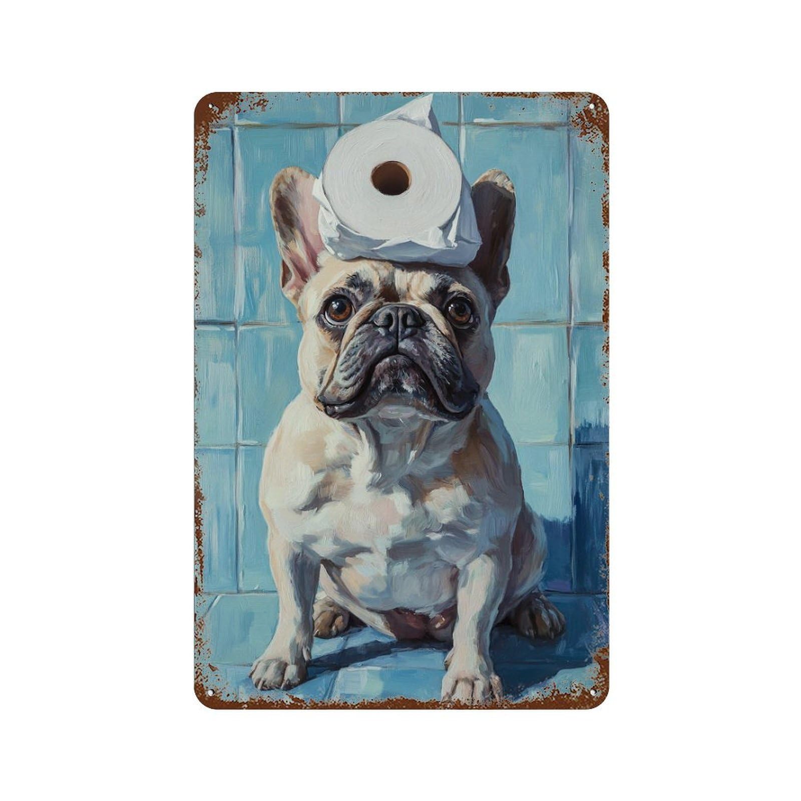 French Bulldog with Toilet Paper-2 Retro Metal Sign 11.8"x7.9", Farmhouse Wall Decor for Garage, Pub Or Kitchen