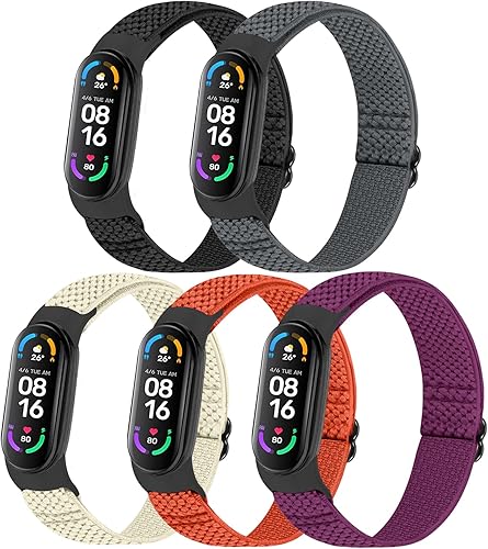 Miniatura 8 de TumpCez Paquete de 5 correas de nailon Solo Loop compatibles con Xiaomi Mi Band 7 6 5 4 3Amazfit Band 5 correas, ajustable, transpirable, cómoda,