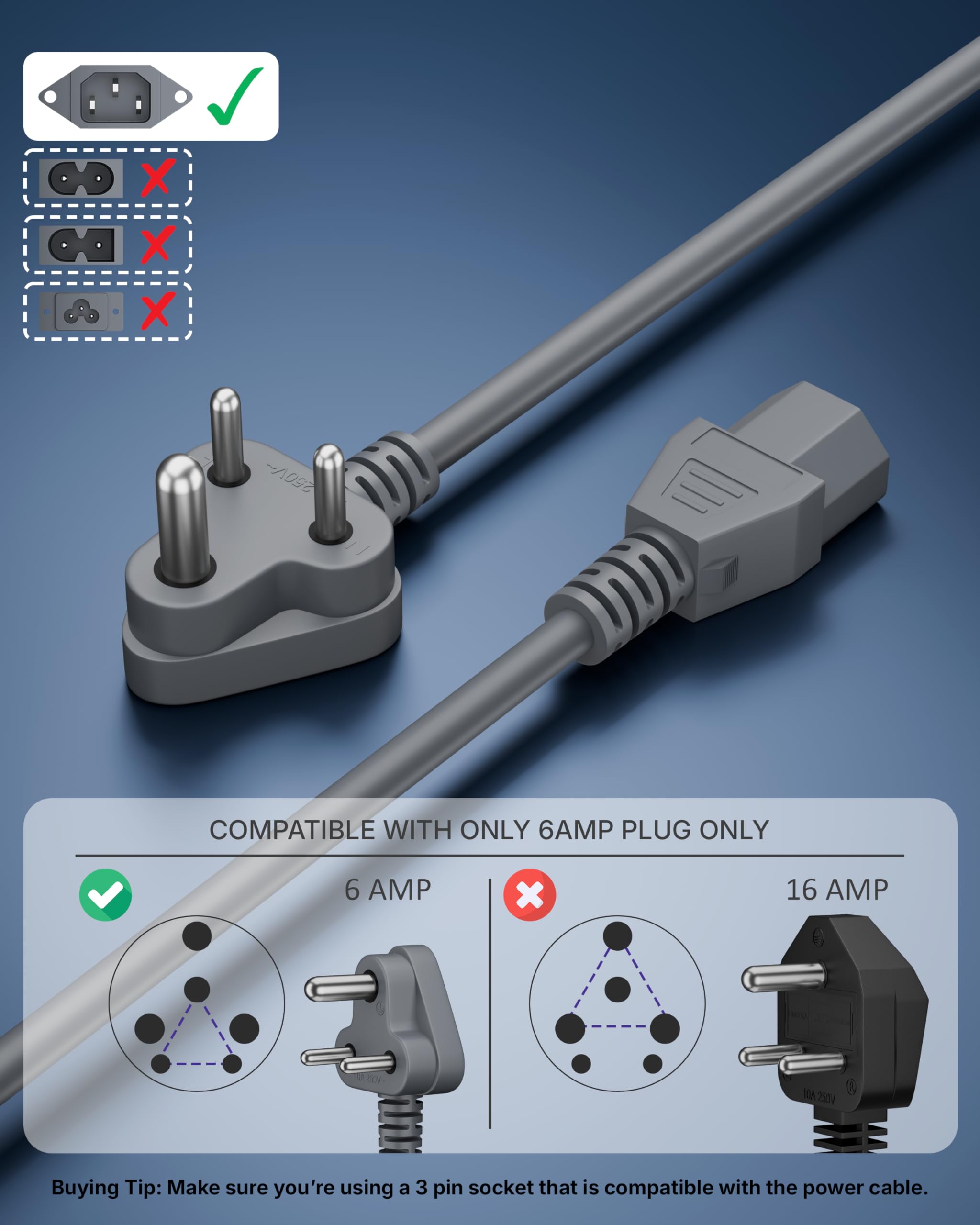FEDUS 3 Meter Power Cord - Durable PC Cable -4