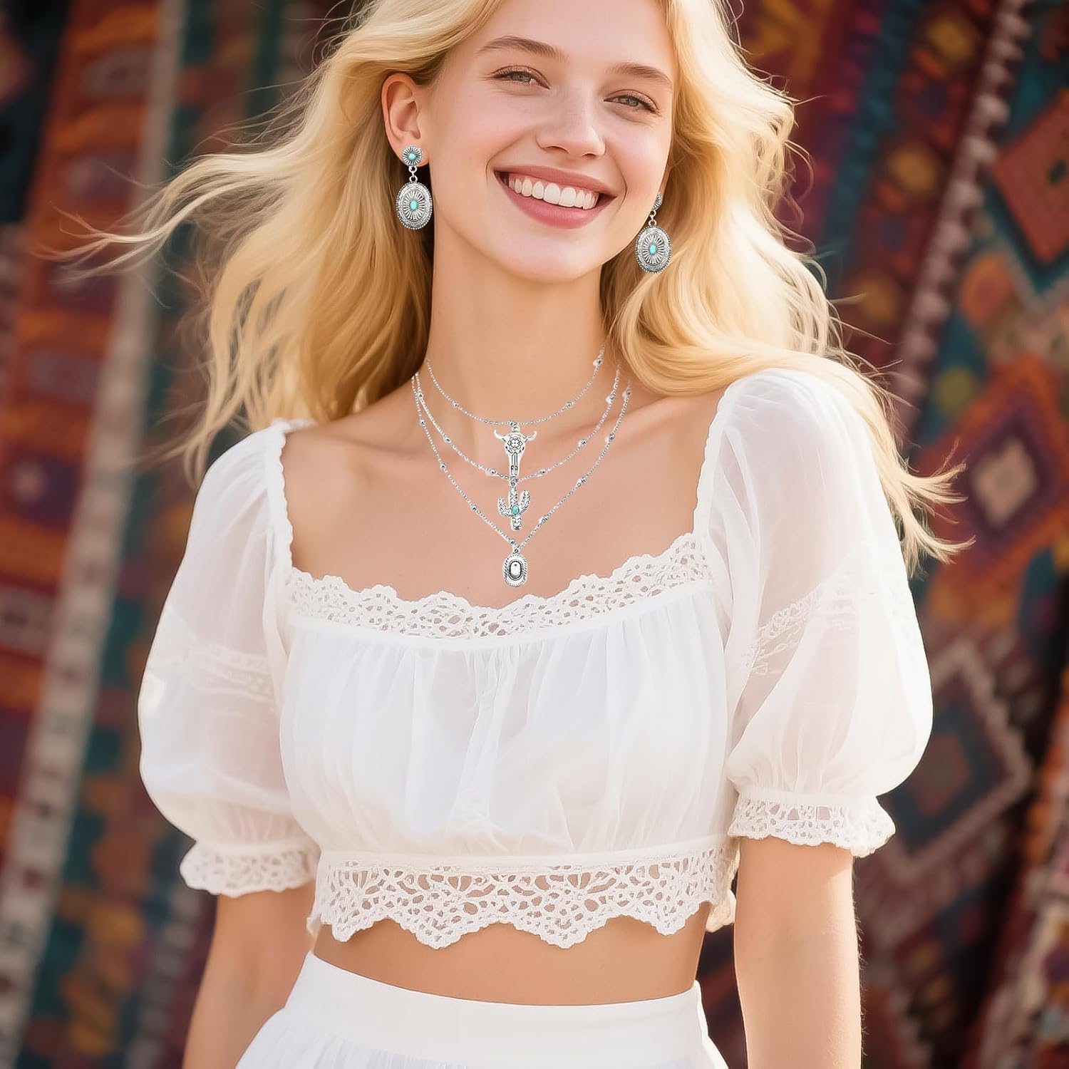 3PCS Western Jewelry for Women Bohemian Set,Boho Vintage Layered Necklace Dangle Drop Earrings Faux Leather Bracelet - Image 6