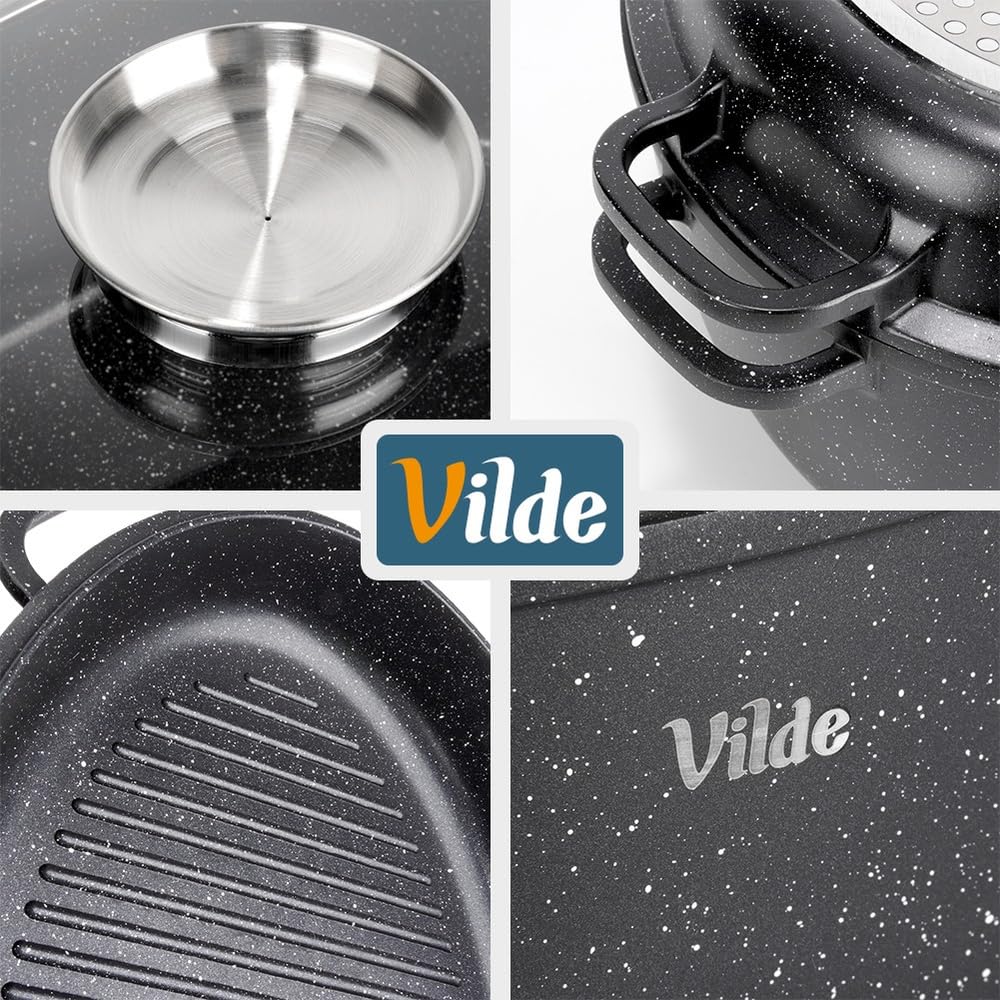 Vilde Granitowa patelnia z pokrywką 39 x 26,5 x 18 cm – brytfanna 8 l + 3,2 l – piekarnik 2 w 1 z grillem – powłoka granitowa, do kuchenek indukcyjnych, gazowych, elektrycznych