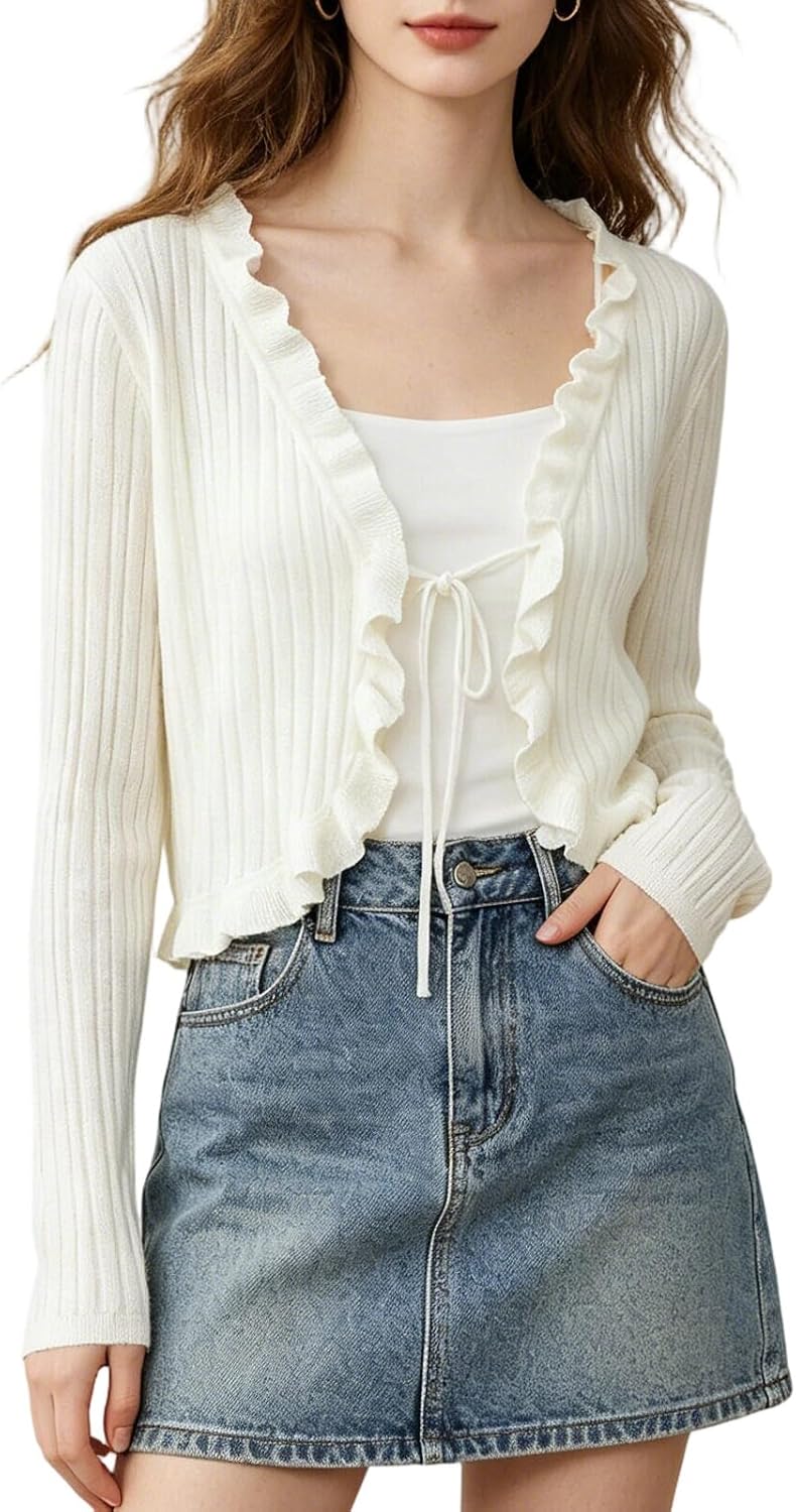 Womens Crop Cardigan Sheer Knit Shrug Tie Front Long Sleeve Summer Casual Short Shawl Top