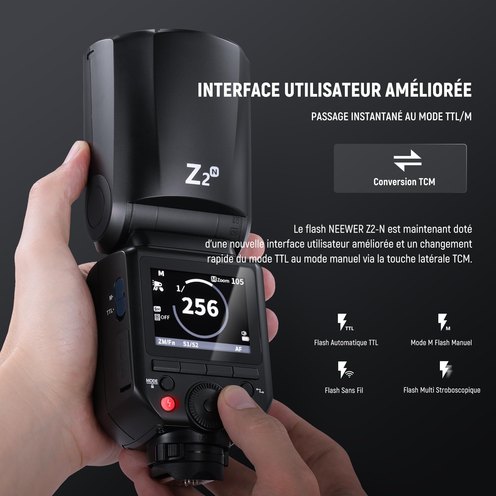 NEEWER Z2-N 2,4G TTL Flash Speedlite à Tête Ronde Compatible avec Nikon Caméra,600 Flashs Pleine Puissance,3000mAh,76Ws,1/8000s HSS,2 Lampes Pilotes,Diffuseur Lumière,Bouton TTL/M pour Système Q 2,4G