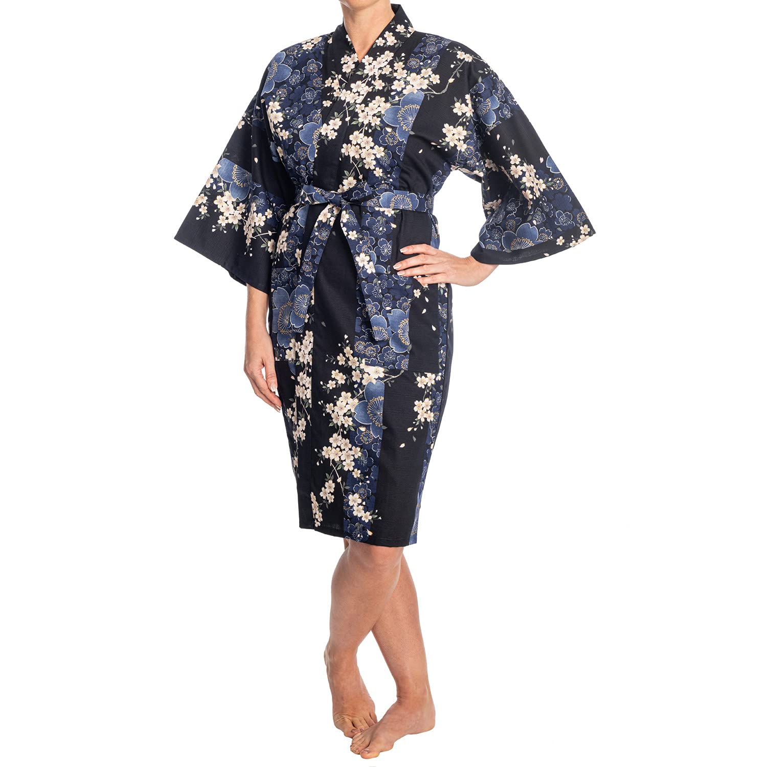 The Japanese Shop Women's Blue Cherry Blossom Print Authentic Short Navy Yukata