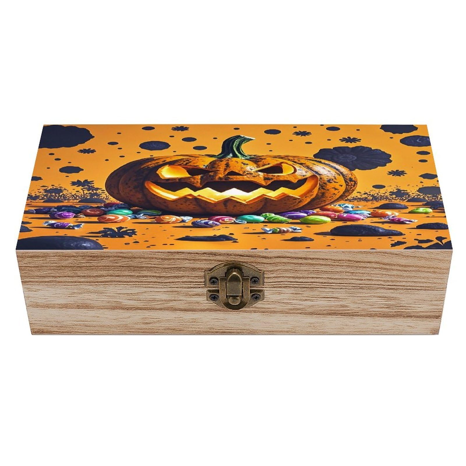FekiLoot Halloween Pumpkin Monster Wooden Box with Hinged Lid Vintage Storage Box Beautifully Keepsake Boxes Jewellery Organiser & Trinket Holder Unique Gift Ideas for Men & Women