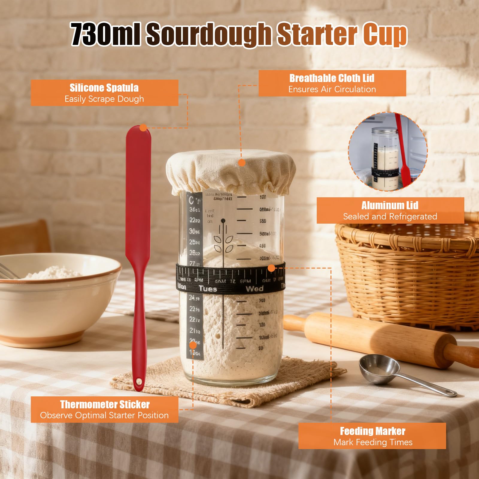 Kit De Tarro De Masa Madre 730 ml Con Termómetro Para Panadería y Fermentación