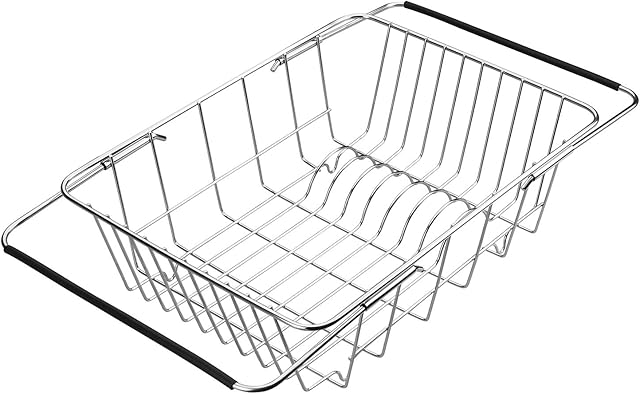 QIWODE Stainless Steel Dish Drainer Plate Rack, Extendable Dish Drying Rack Basket for Fruits Vegetables Pots Bowls Plates and Kitchen Utensils (Style A: Arch Net)