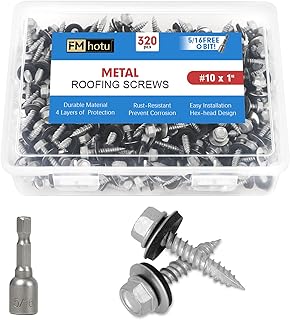 Metal Roofing Screws #10×1Inch, 320-PCS, Hex Head Rustpert Coating Sheet Metal to Wood Siding Screw with EPDM Rubber Washer, Sharp Point, Hex Socket Included