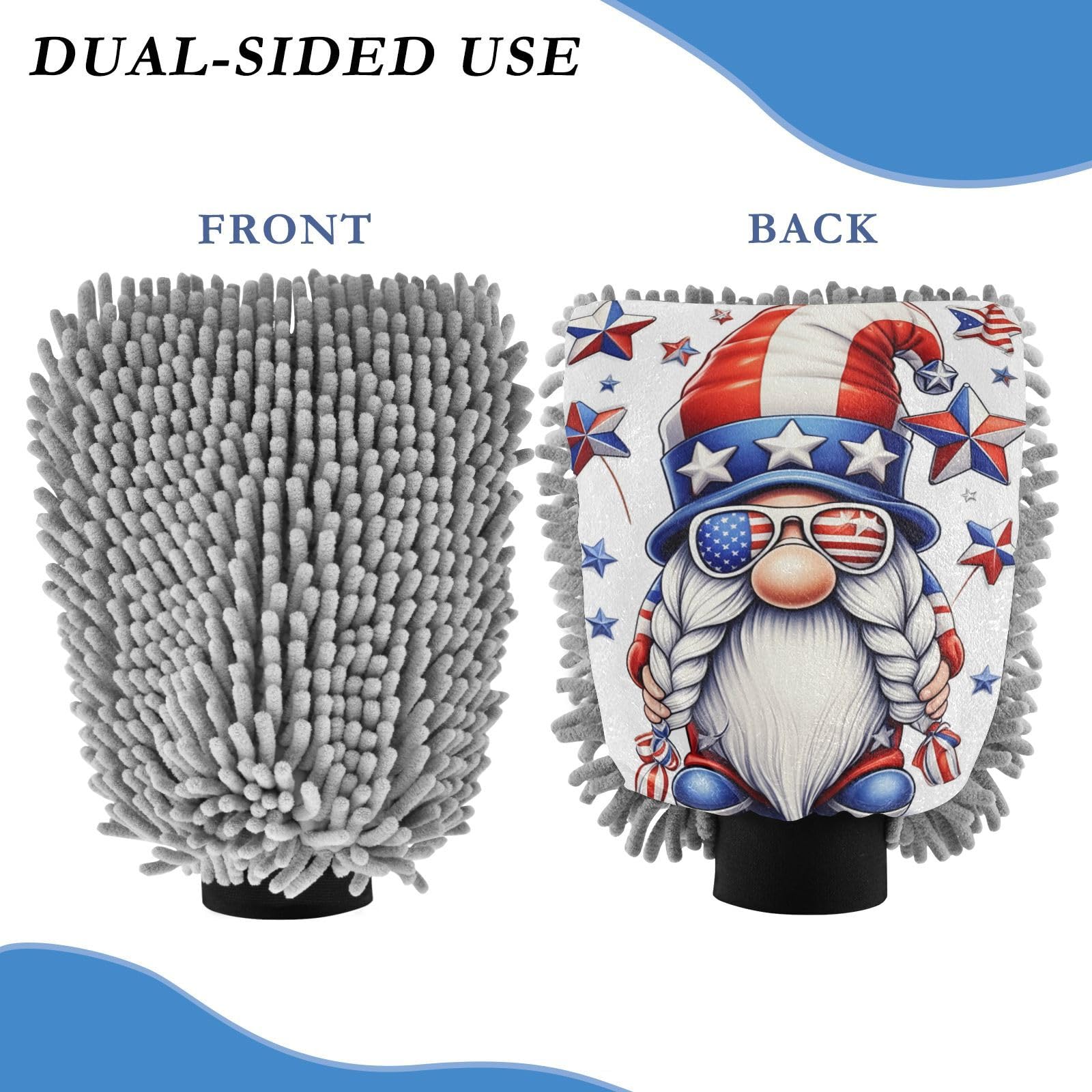 STAYTOP Independence Day Cute Gnome Car Wash Mitt Microfiber, 2Pcs Scratch Free Lint-Free, Premium Chenille Microfiber Mitt Car Wash Brush-M