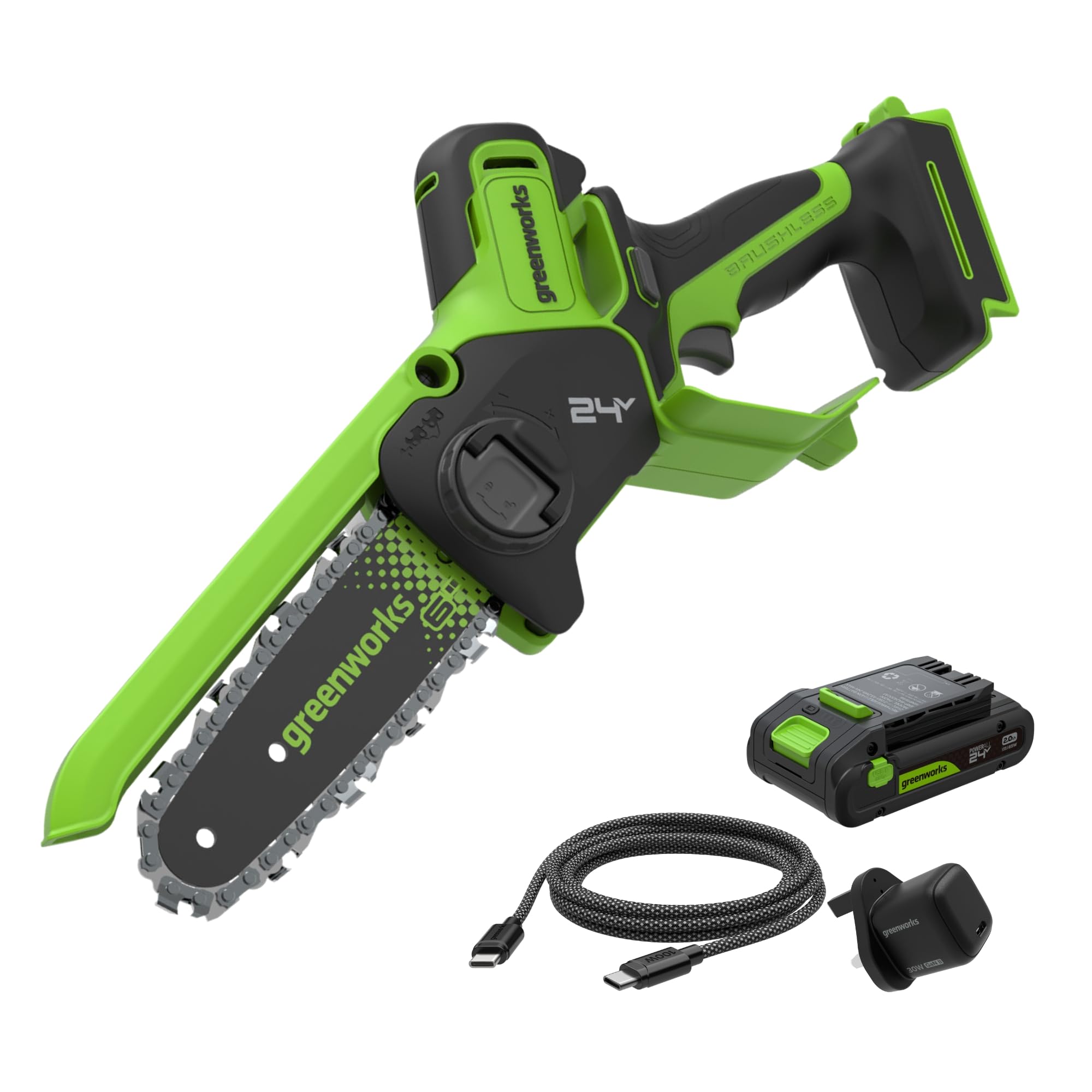 Greenworks 24V 6in Mini Chainsaw Brushless, 15cm Cordless Battery Chainsaw with Auto-Oil System, 7.8m/s Cutting Speed, Electric Saw with 2Ah Battery and 30W USB C Charger
