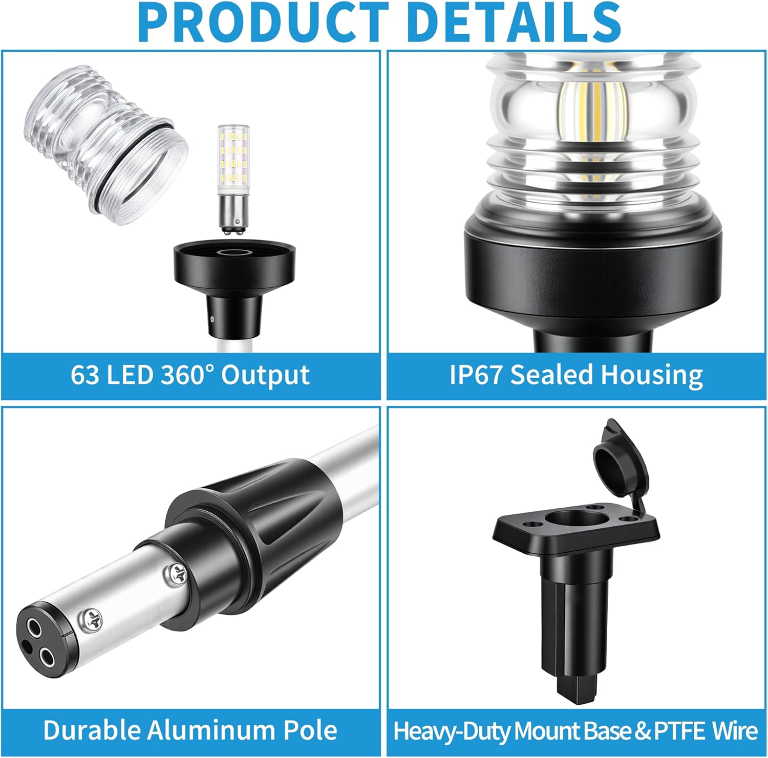 Obcursco Boat Stern Lights, Telescoping Pole 27"-48" LED Anchor Light with Base, 12V Adjustable 3NM 360° Navigation Lighting for Pontoon, Yacht, Bass, and Fishing Boats (27"-48", Silver)