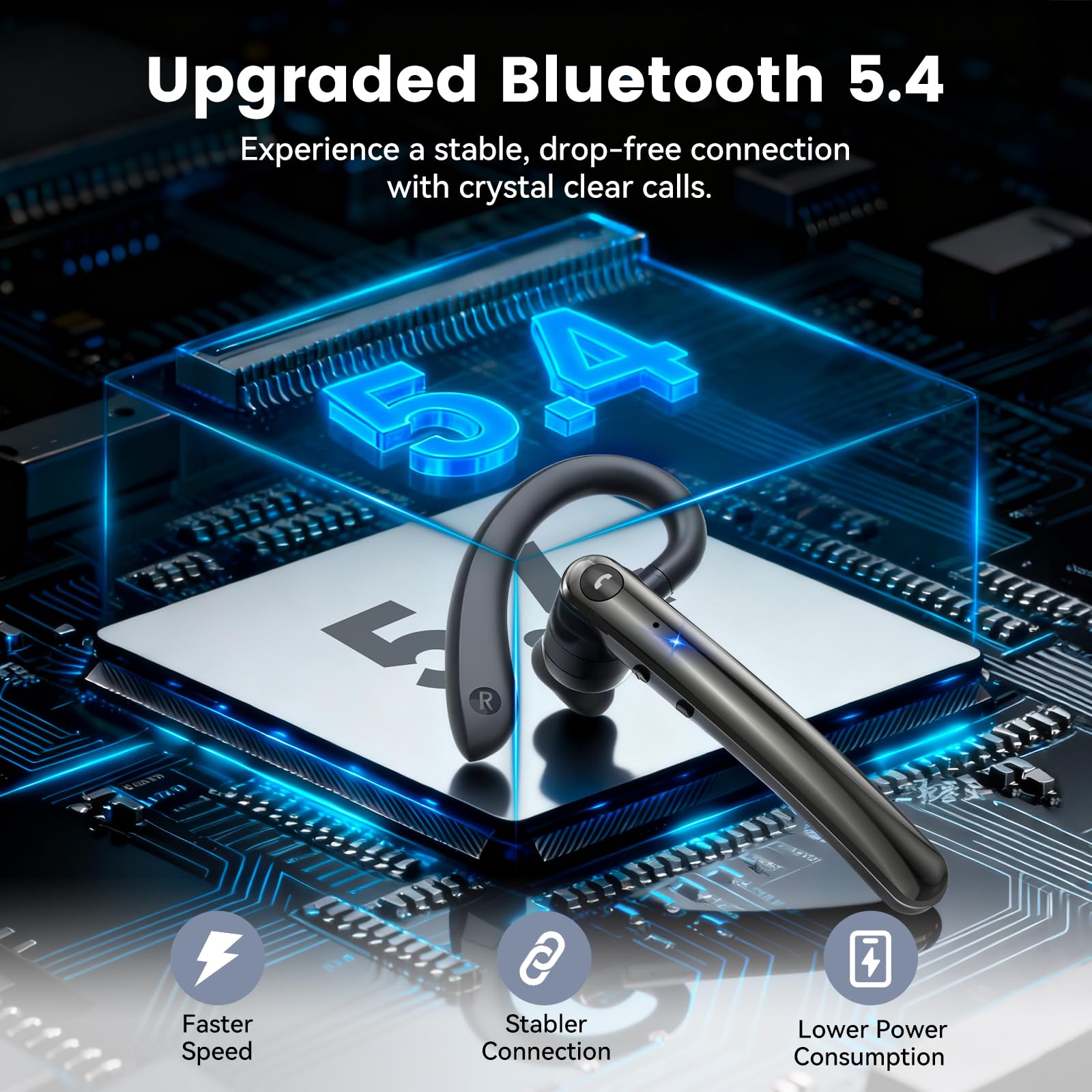 Auricolare Bluetooth Singolo con Doppio Microfono V5.4 Auricolari Bluetooth con Cancellazione del Rumore Mic Muto, 18 Ore Di conversazione, Connessione a due Dispositivi per Android/IOS/Laptop