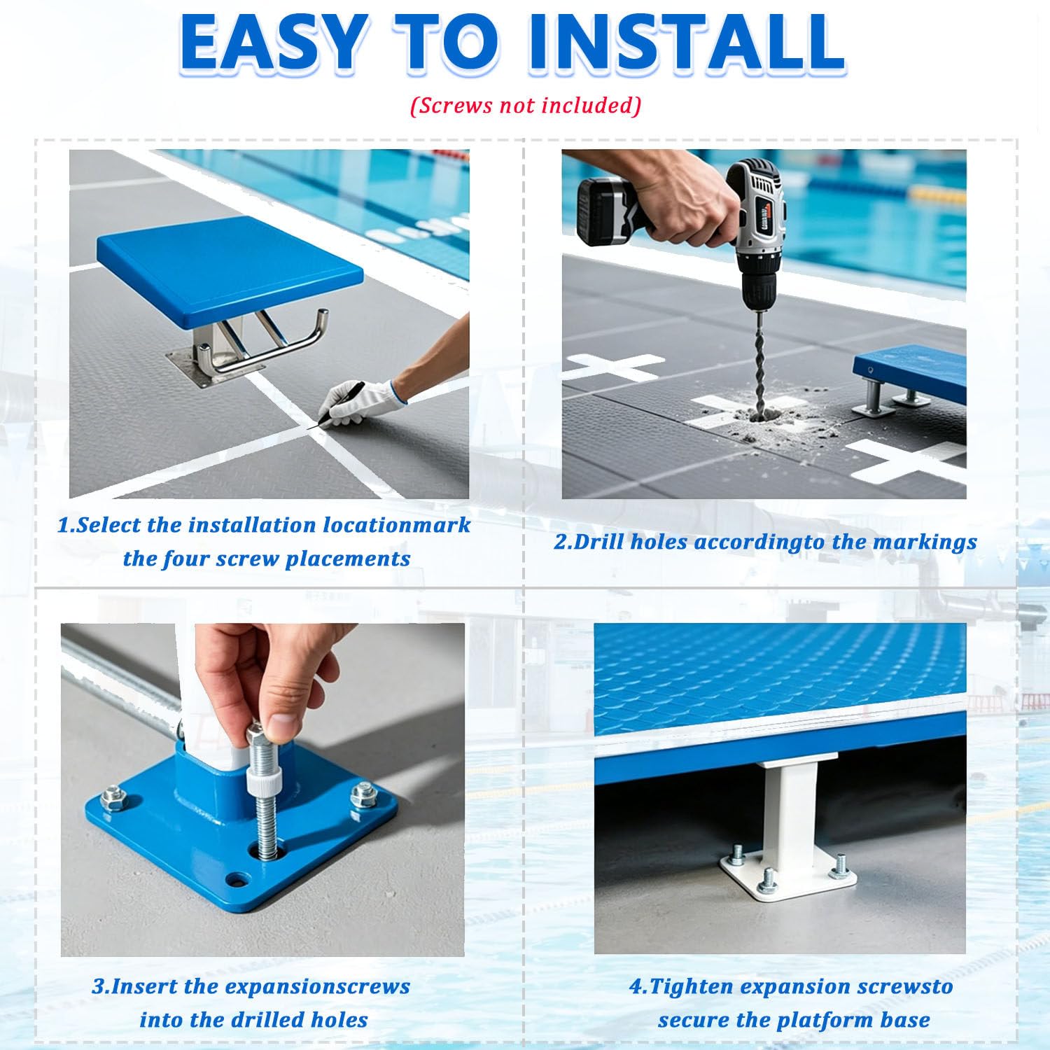 Blocco di partenza per immersioni in piscina, piattaforma inclinata da 50,8 x 50,8 cm, struttura di sicurezza in acciaio inossidabile 304 per piscina domestica, club di nuoto e competizioni