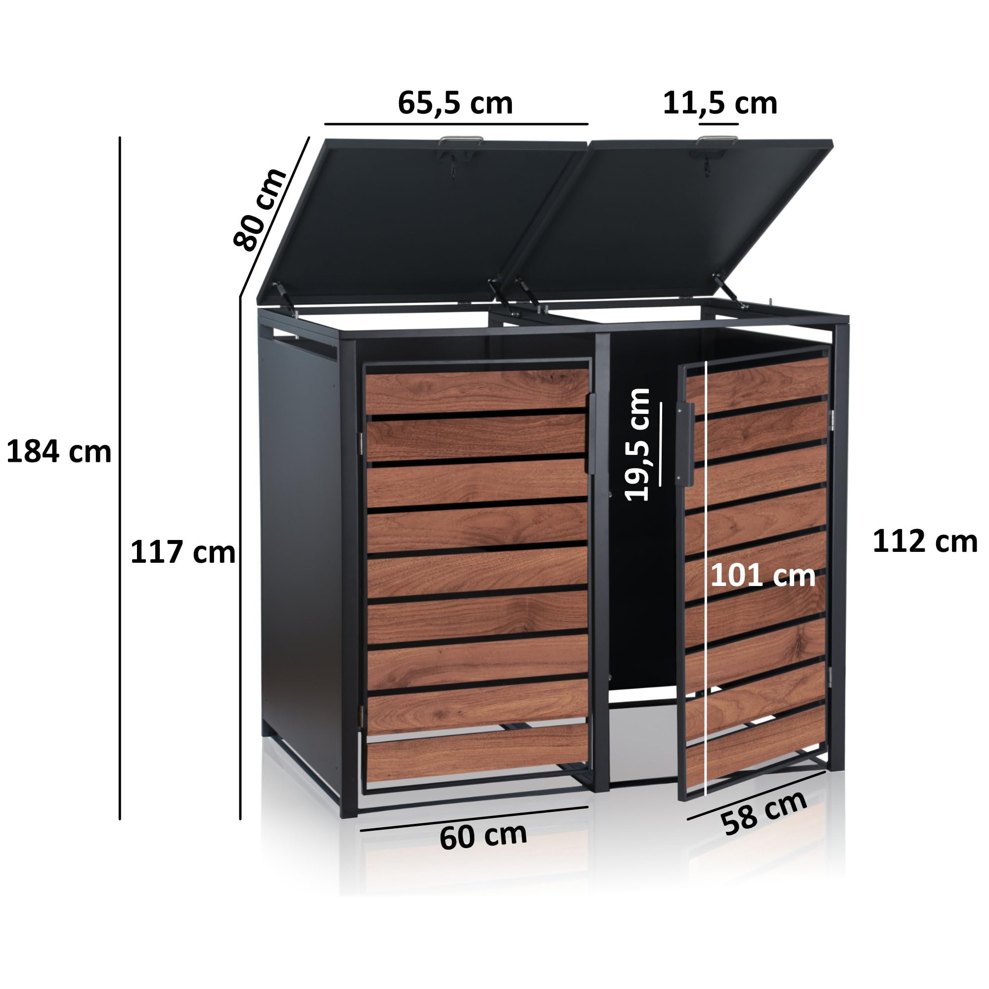 Zelsius Mülltonnenbox 2er Mülltonnen | (B) 132 x (T) 80 x (H) 117 cm | Anthrazit RAL7016 | Tür in dunkelbrauner Holzoptik mit Erweiterungsmöglichkeit | Mülltonnenverkleidung, Garten Müllbox