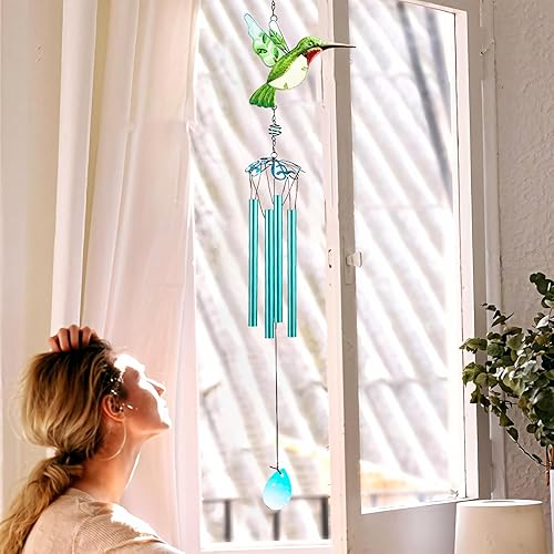Miniatura 7 de Campanas de viento de colibrí verde, campanillas de viento para exteriores, campanillas románticas móviles pintadas de vidrio de 26 pulgadas, patio,