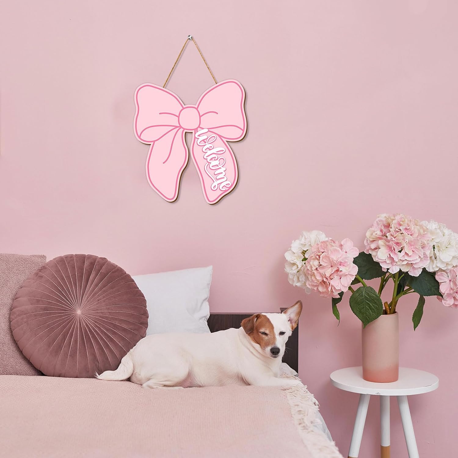 Mandala Soul Pink Bow Wooden Hanging Sign Cute Coquette Bow Welcome Wood Sign Bowknot Door Decor Sign for Indoor Outdoor Porch Wall 2