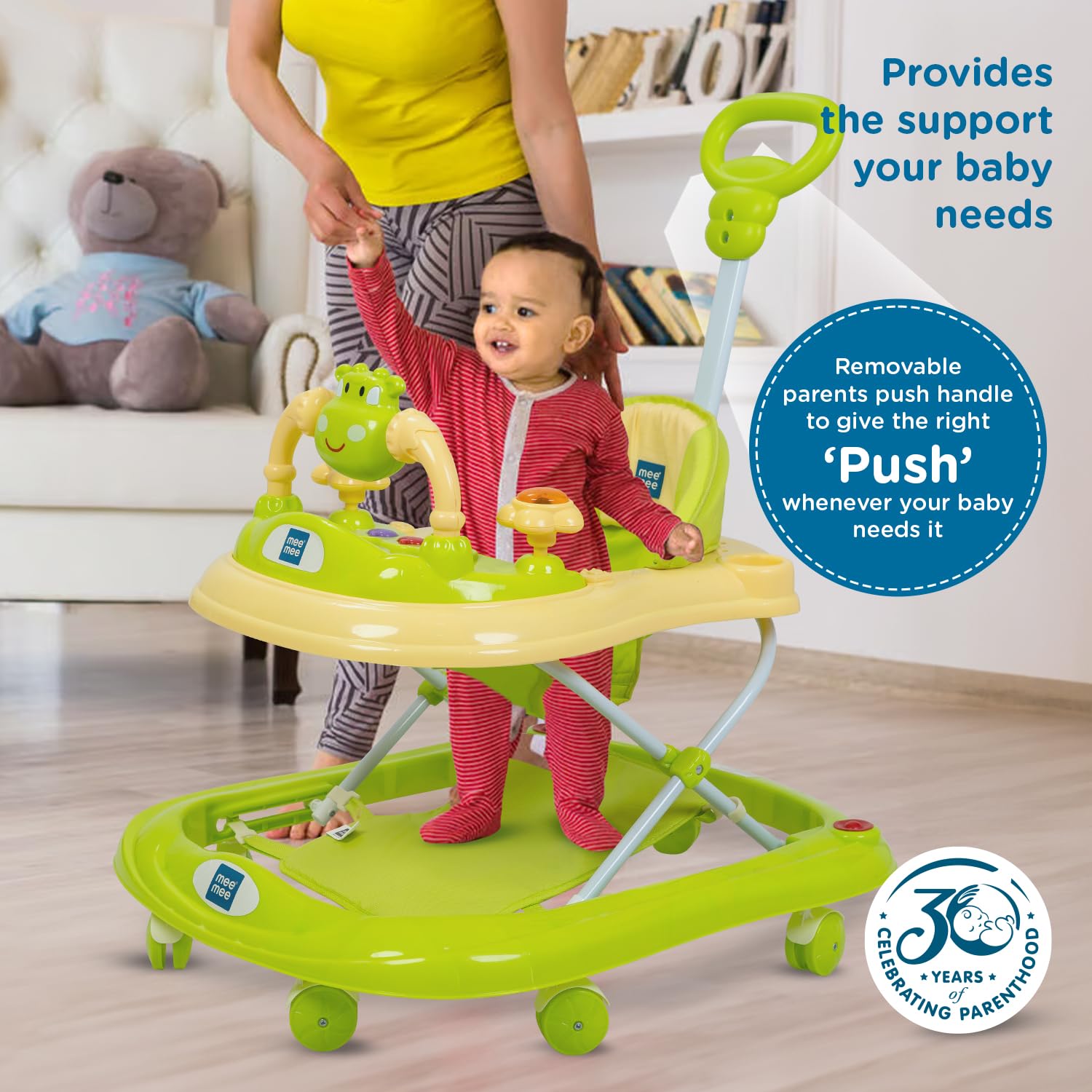 Mee Mee 360° Baby Activity Walker | 3 Level Adjustable Height, Foot Mat, Musical Detachable Toy Bar | Parental Push Handle, Anti-Rollover Folding Walker for Boys, Girls, Kids | 6-18 Months 15kg-Green - Image 5 thumbnail