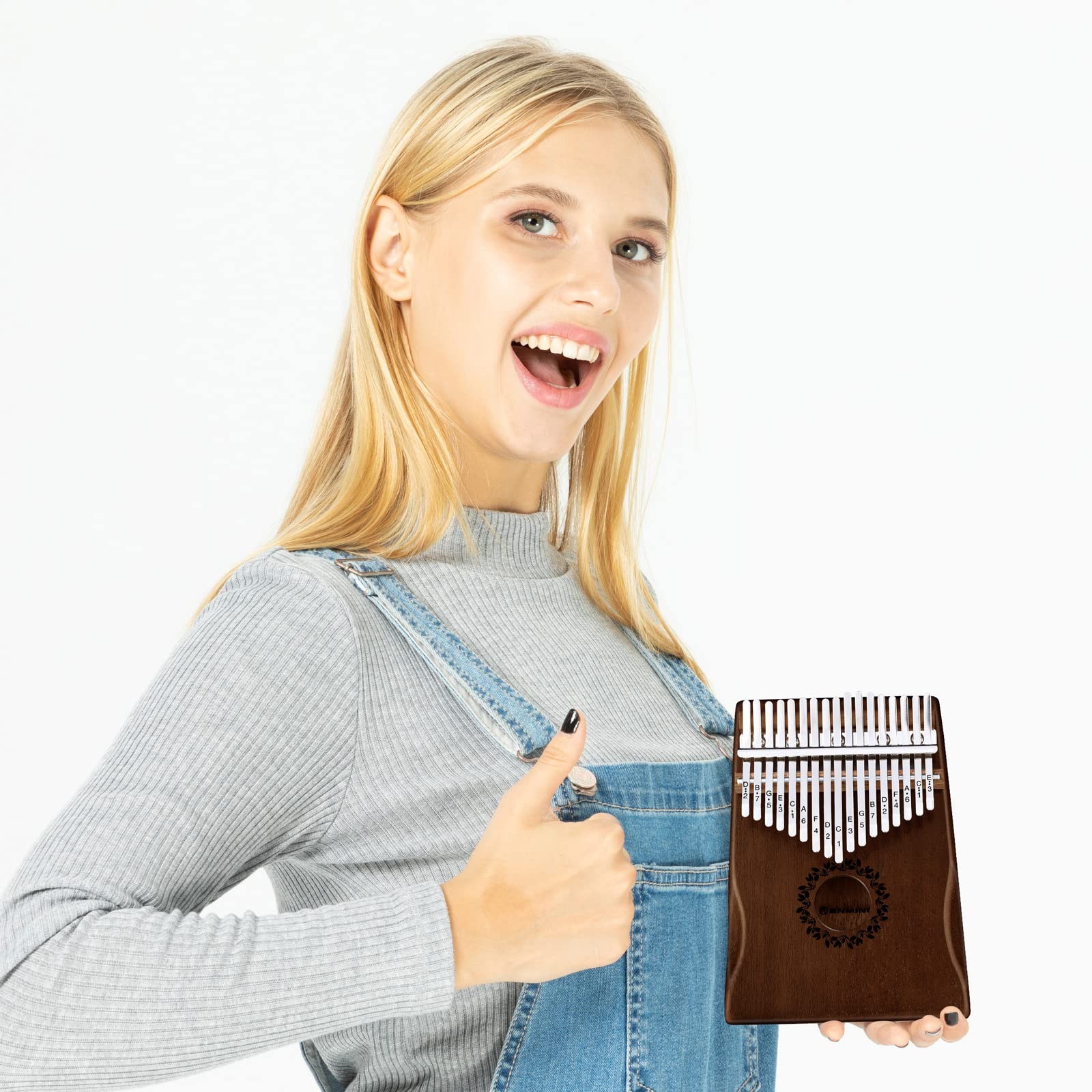 RANMING Kalimba Daumenklavier-Set mit 17 Tasten, Mbira tragbarer Handtasche, Lernbuch und Stimmhammer, Fingerklavierinstrument, Geschenk für Kinder Erwachsene, Anfänger (Mahagoni-Handauflage), Braun