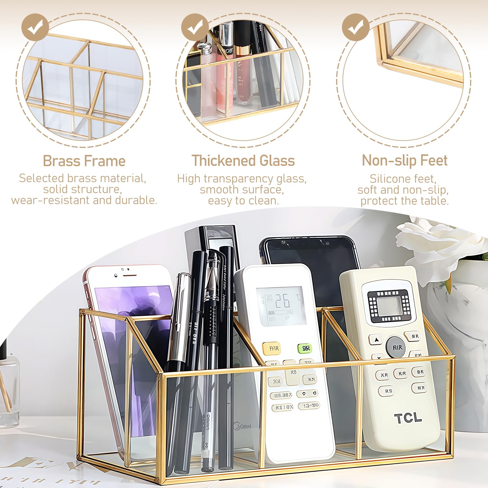 Organiseur Maquillage HARLIANGXY Support Pinceaux En Verre Vintage Doré - Plateau Rangement 20x14x10cm