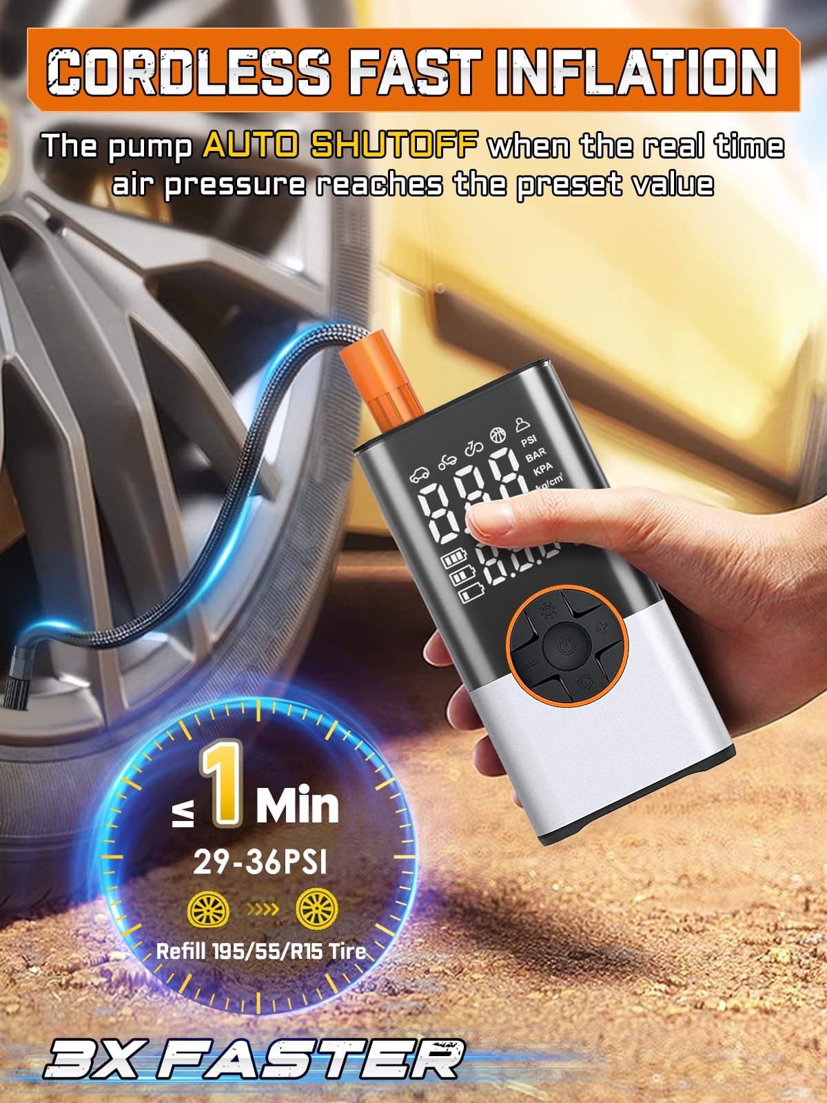 BIBURY 8000mAh Gonfleur Pneus Voiture, Compresseur à Air Portatif, 150 PSI Pompe a Velo, Gonfleur Électrique avec Écran LED et Torche LED, Charge Type-C, Compresseur Voiture pour Vélo, Voiture, Moto