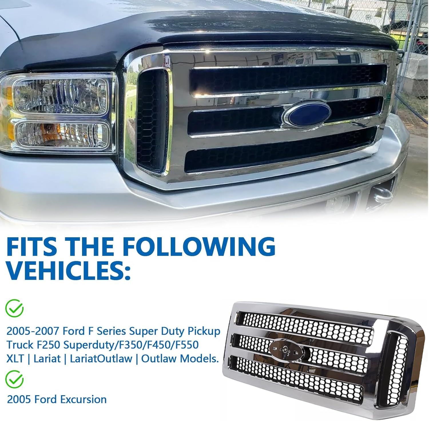 Perfit Liner Front Grille Grill Chrome Frame With Grat Honey Comb Insert Compatible With 2005-2007 FORD F250 F350 F450 F550 5C3Z8200BAA FO1200456