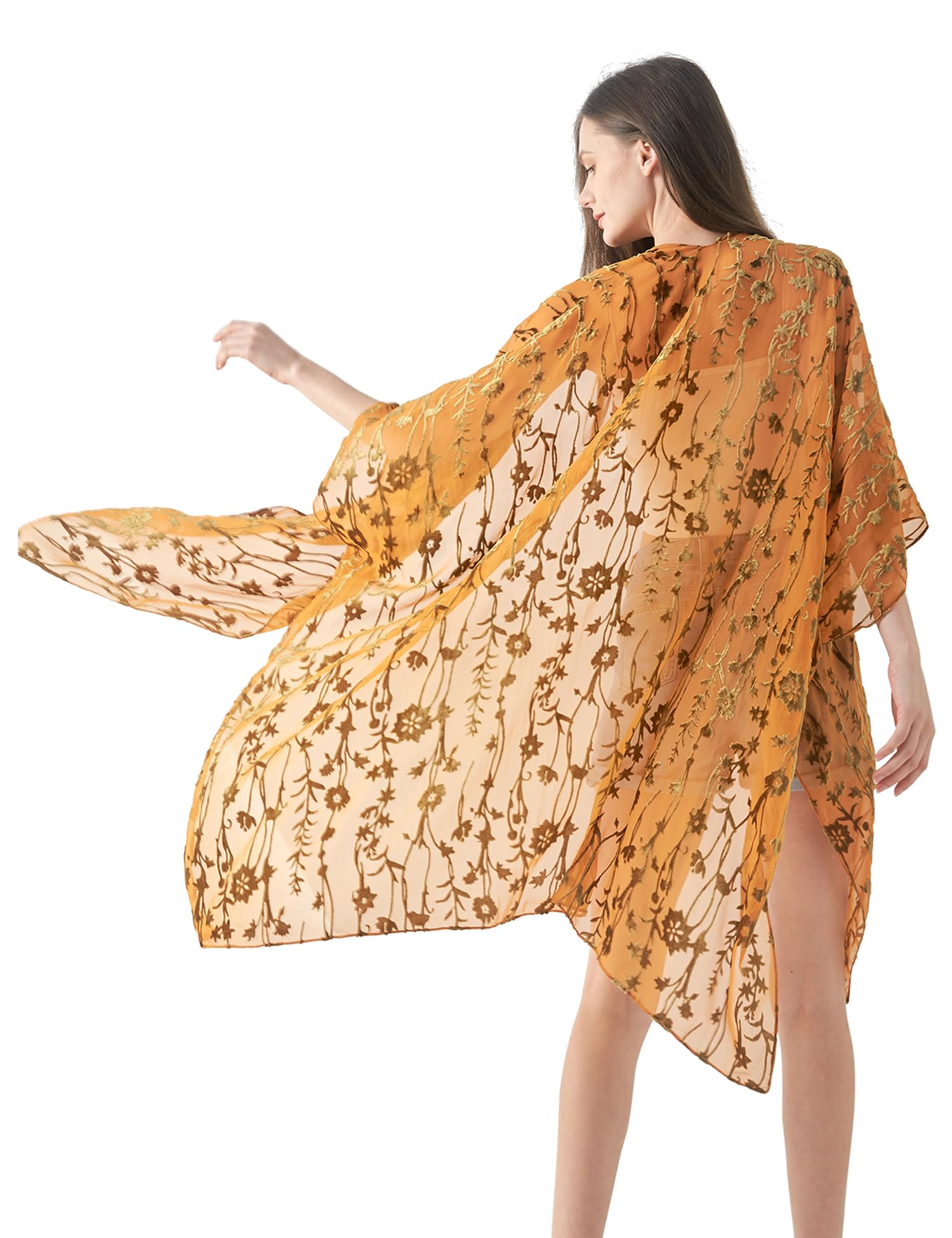 MJ SERECA Women's Burnout Velvet Kimono Long Cardigan Cover Up Casual Outfit, (Burlywood)…, Large