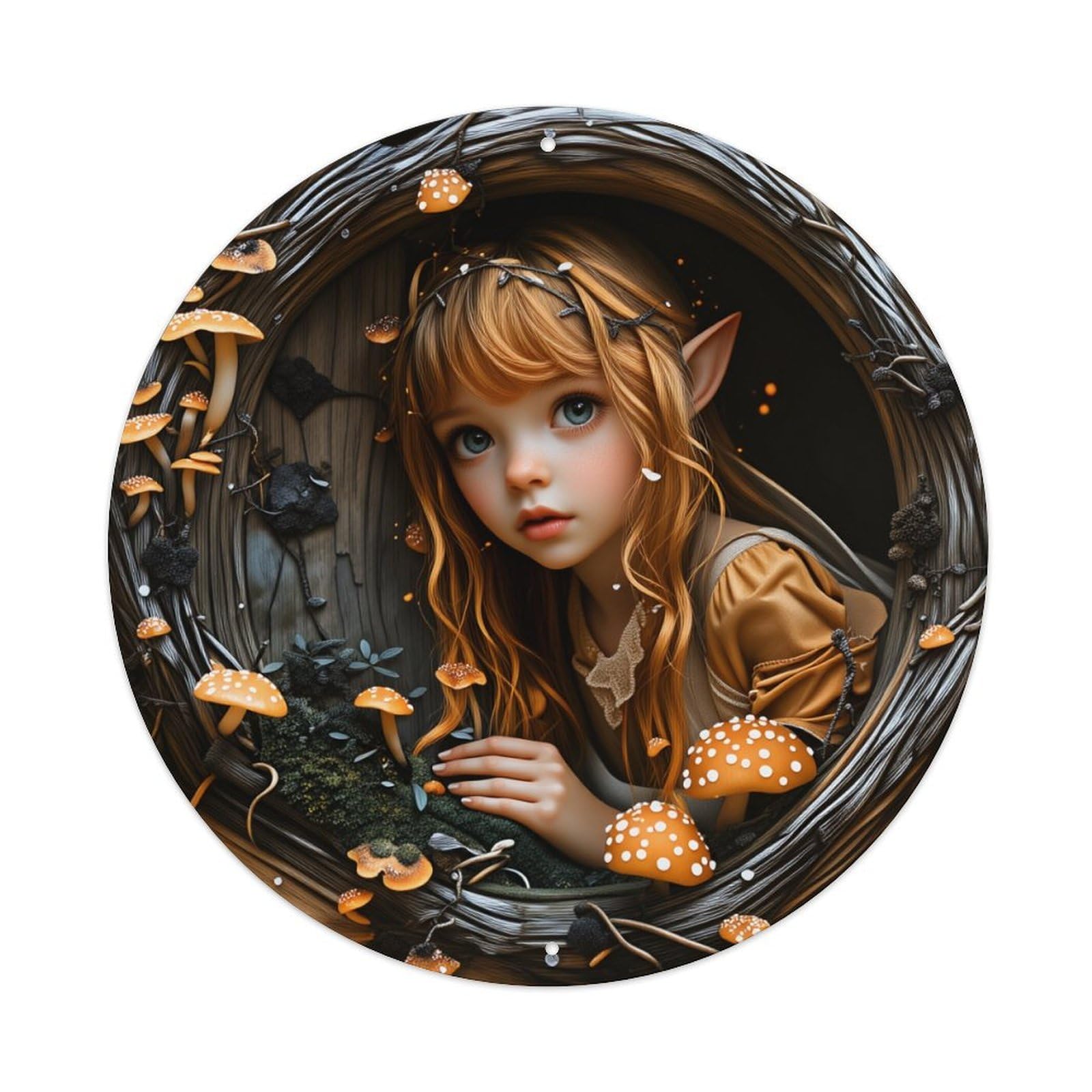 Elf Girl Mushroom Forest Door Art Round Vintage Tin Sign,Retro Wall Art,Metal Poster for Home, Bar, Garage, Cafe, Rustic Indoor & Outdoor Decor, 8x8 Inches