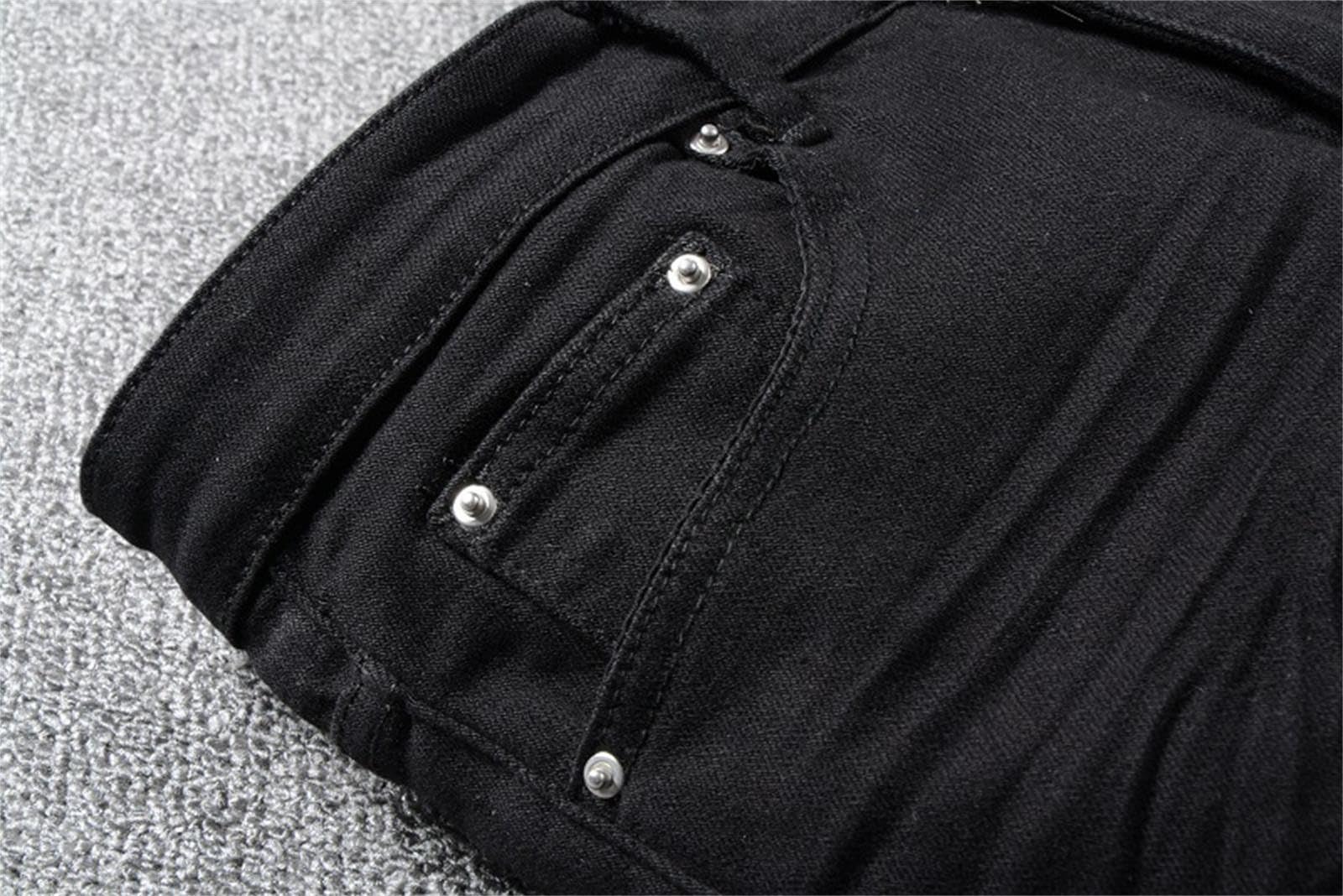 Générique Modne męskie czarne podarte dżinsy, ciepły elastyczny krój slim fit, spodnie na nogawkach, modne