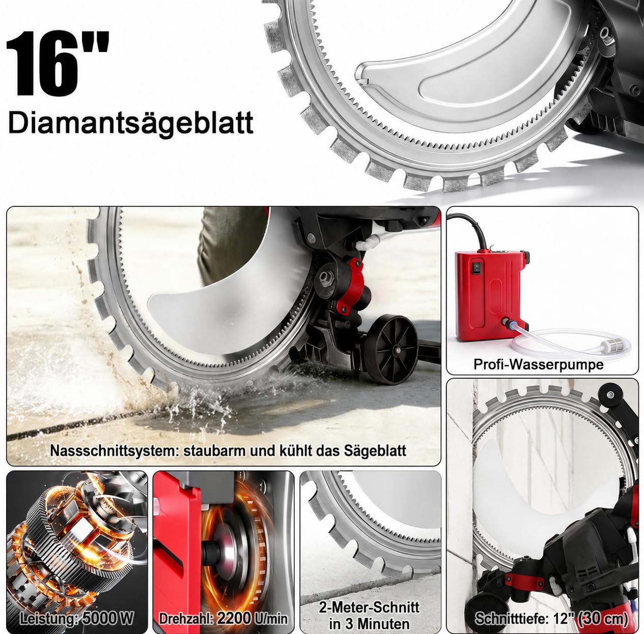 Elektryczna piła do betonu 408 mm 5000 W, głębokość cięcia 300 mm, z pompą