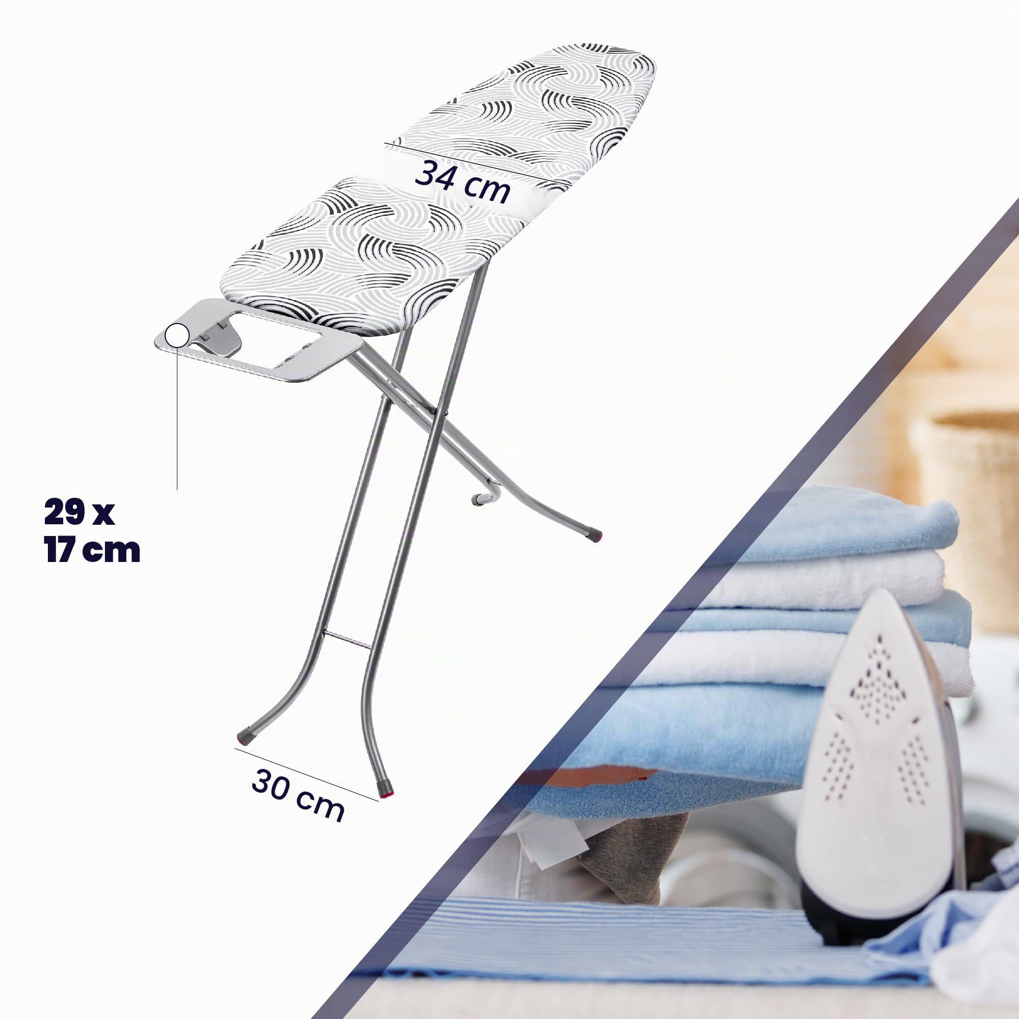 KADAX Planche à Repasser compacte - 114 x 34 cm Gris M - pour Repassage Confortable sur Grille métal - Repose-Fer et Housse Coton avec Mousse 5 mm Hauteur réglable Pieds antidérapants fabriquée UE