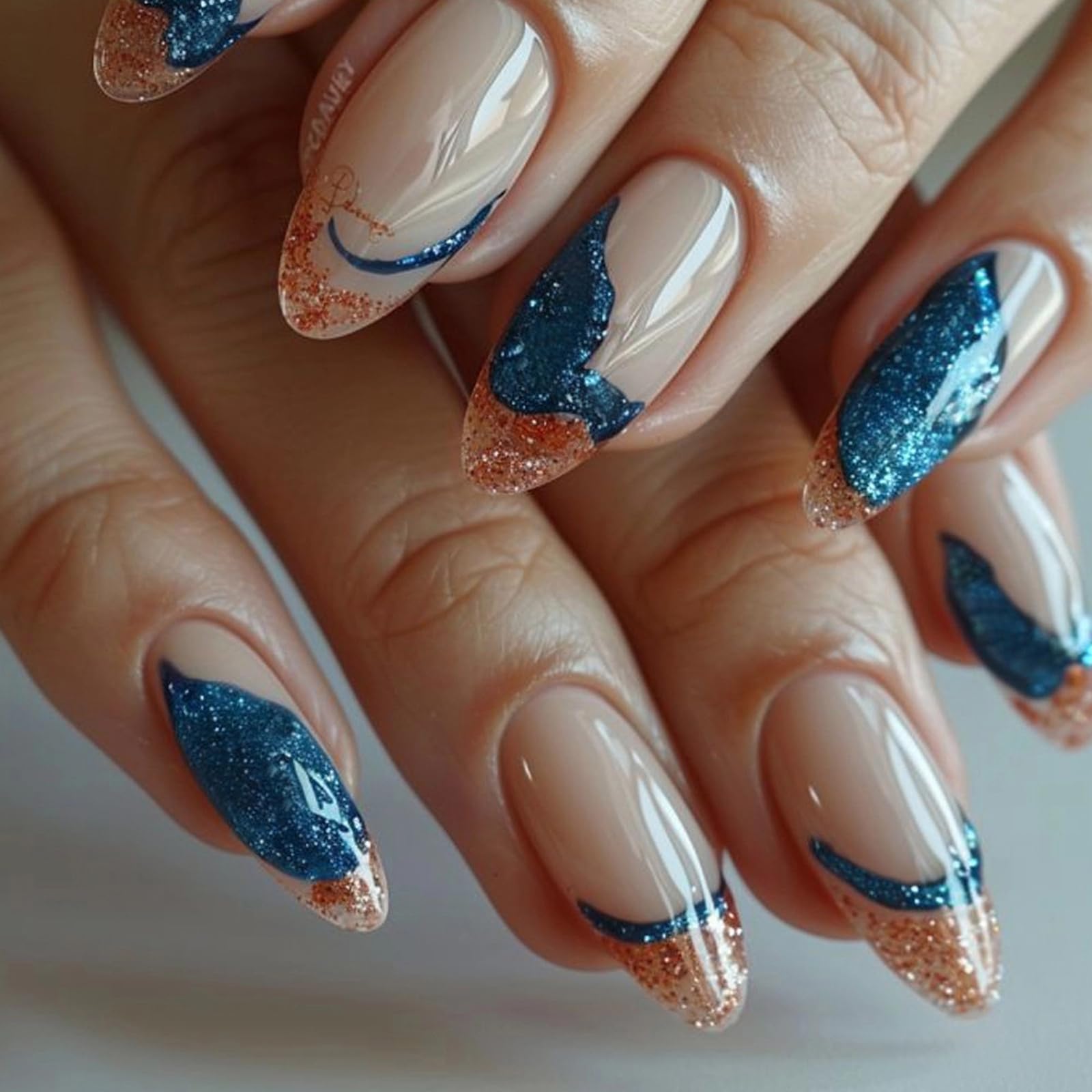 MISUD Press on Nails - Medium Almond Fake Nails with Blue Gold, Acrylic Bling Glitter Design 24 pcs