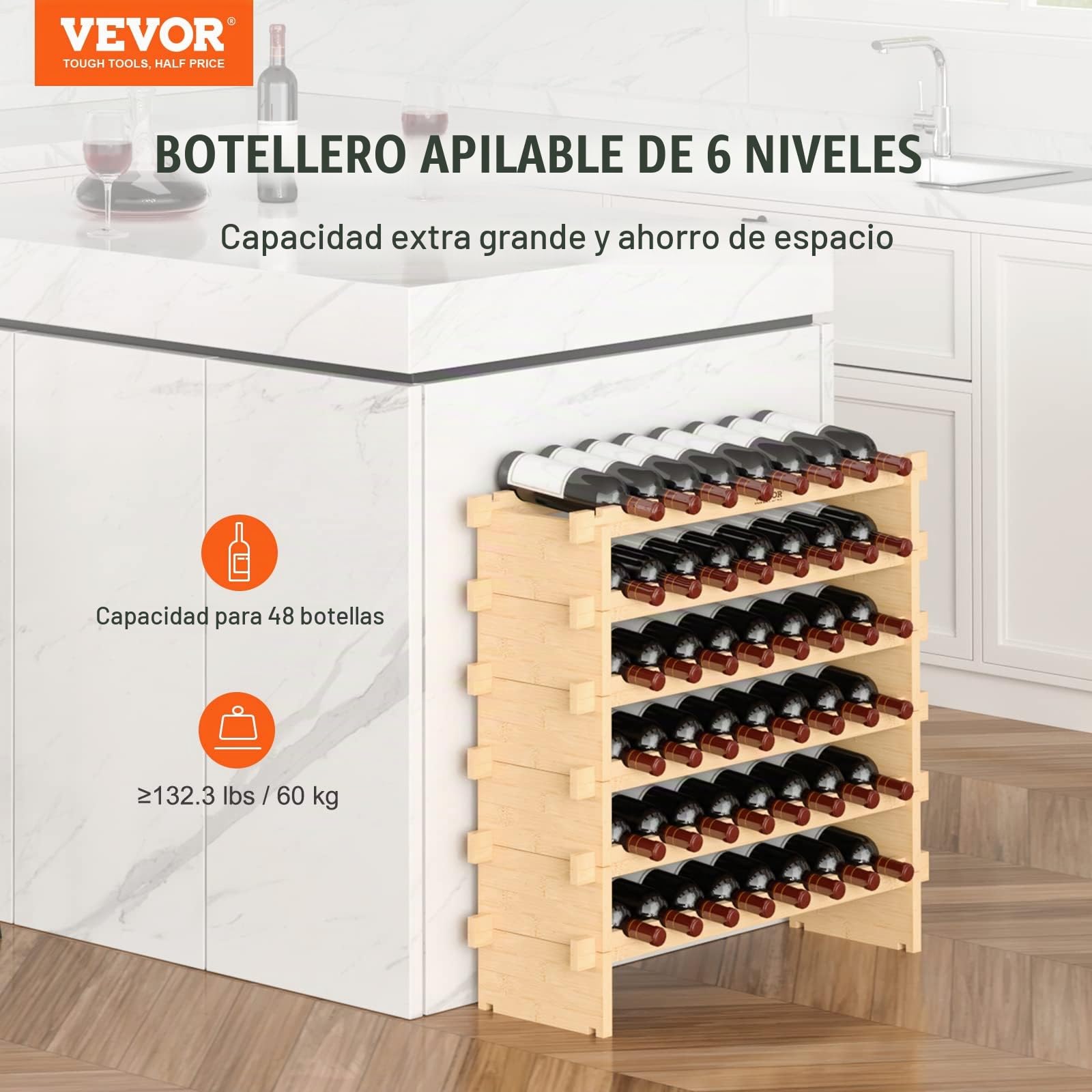 VEVOR Botellero para Vinos de Bambú de 6 Niveles 48 Botellas Estantería Modular Apilable 76,5 x 25 x 77,5 cm Estantería de Exhibición Independiente para Vinos para Cocina, Bar y Bodega, Color Natural