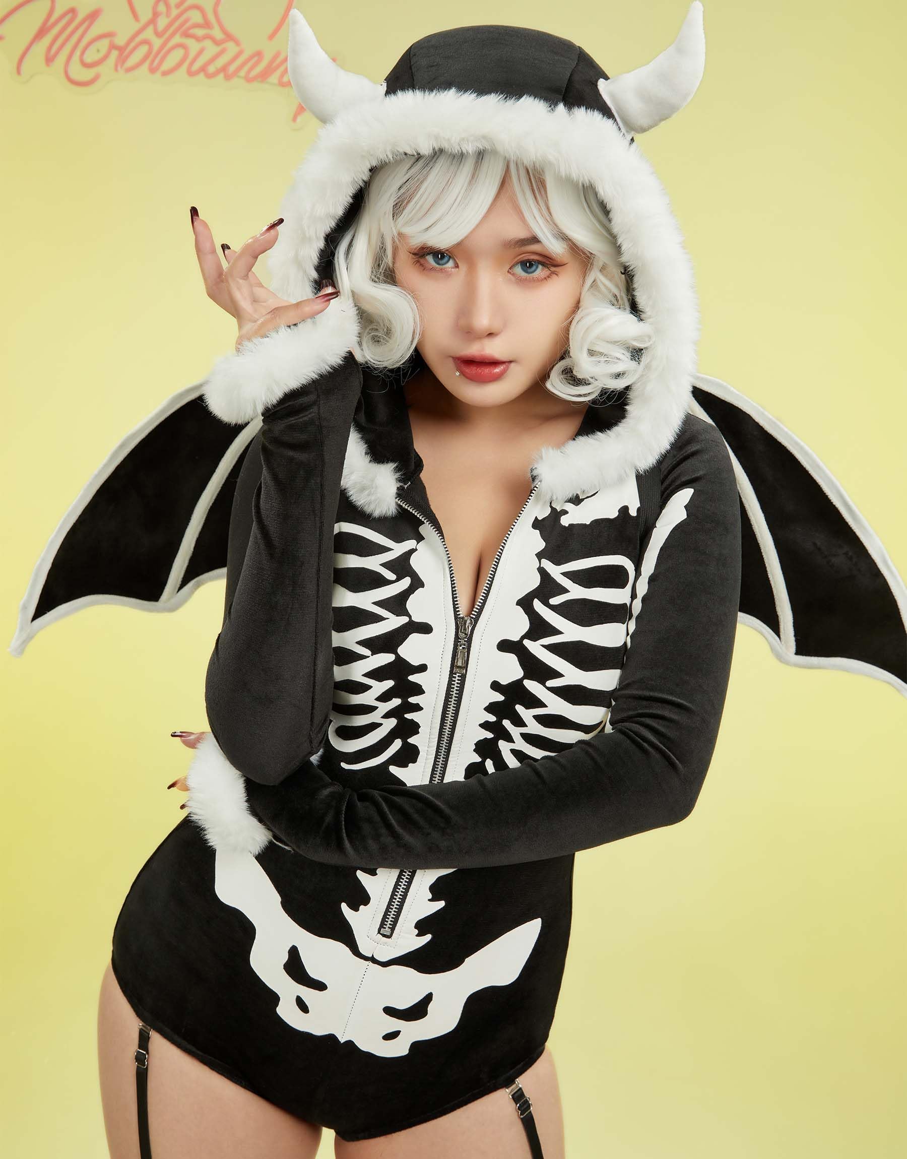 Mobbunny Women's Gothic Skull Style Romper Onesie Pajamas Halloween Skeleton Costume with Wings Hooded Short Jumpsuit: X-Large Black