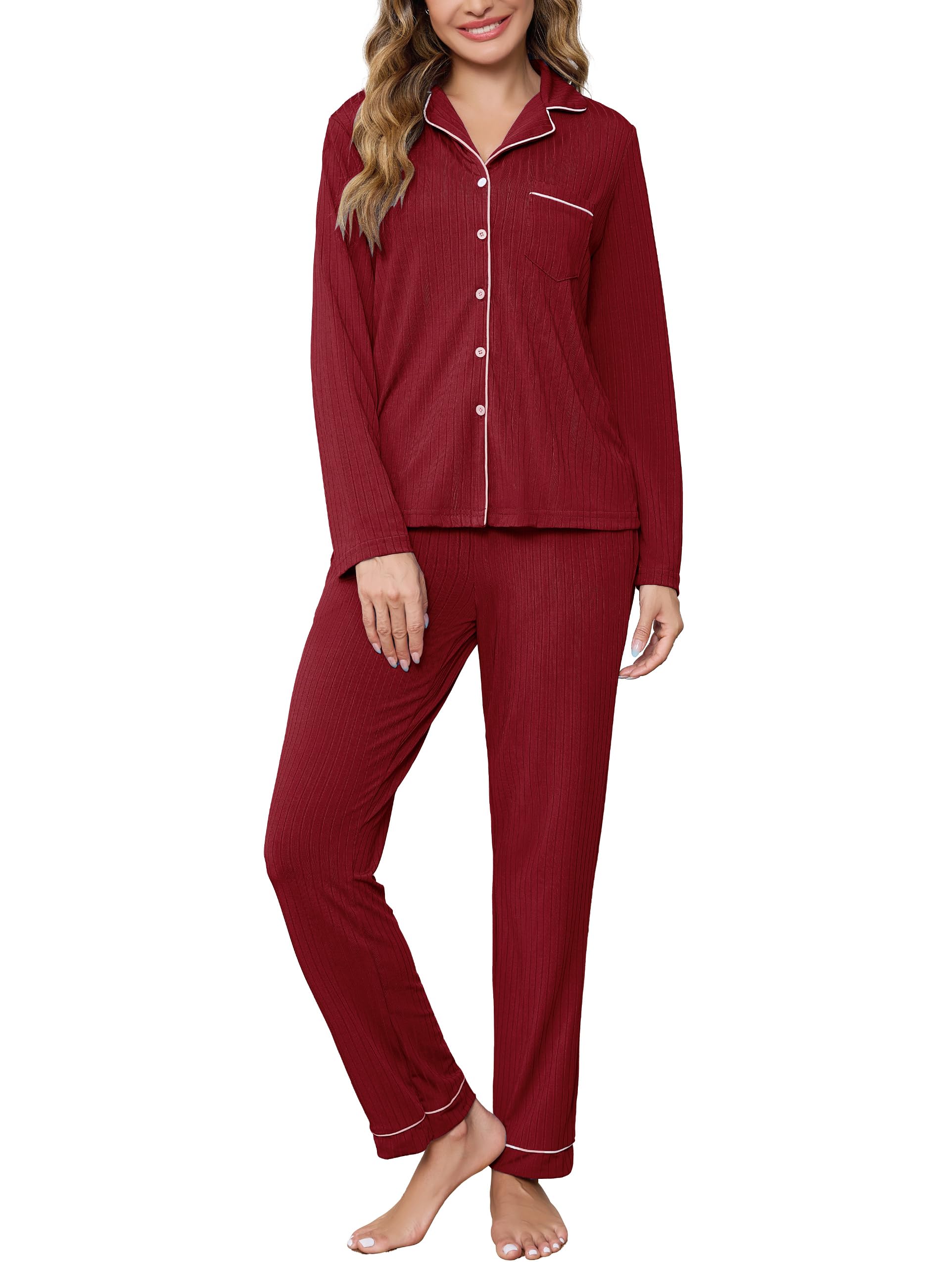 Wikoan Pigiama da Donna Set Pigiama Invernale Pigiama a Righe Maniche Lunghe e Pantaloni Lunghi S-XXL