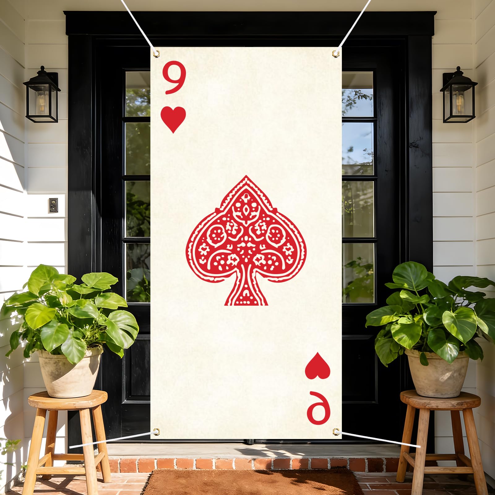 arricraft 1pc Playing Cards Polyester Door Cover, 72.83"x35.43" Nine of Hearts Pattern Backdrop Banner Door Porch Sign Photography Background for Party Porch Home Decor Accessories
