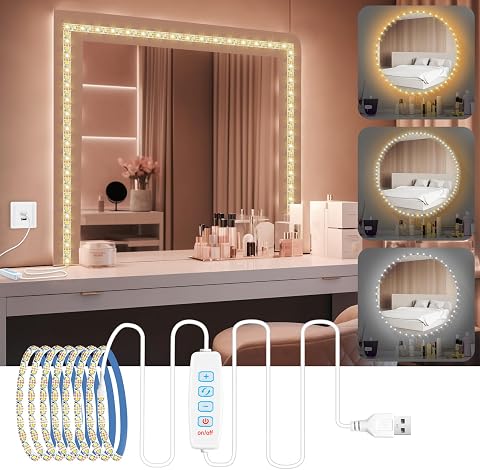 URAQT 2M Luces LED de Espejo,3 Colores Ajustable Luz de Tocador,DIY Lámpara para Espejo de Maquillaje para Armario,Tocador,Espejo,Estantería