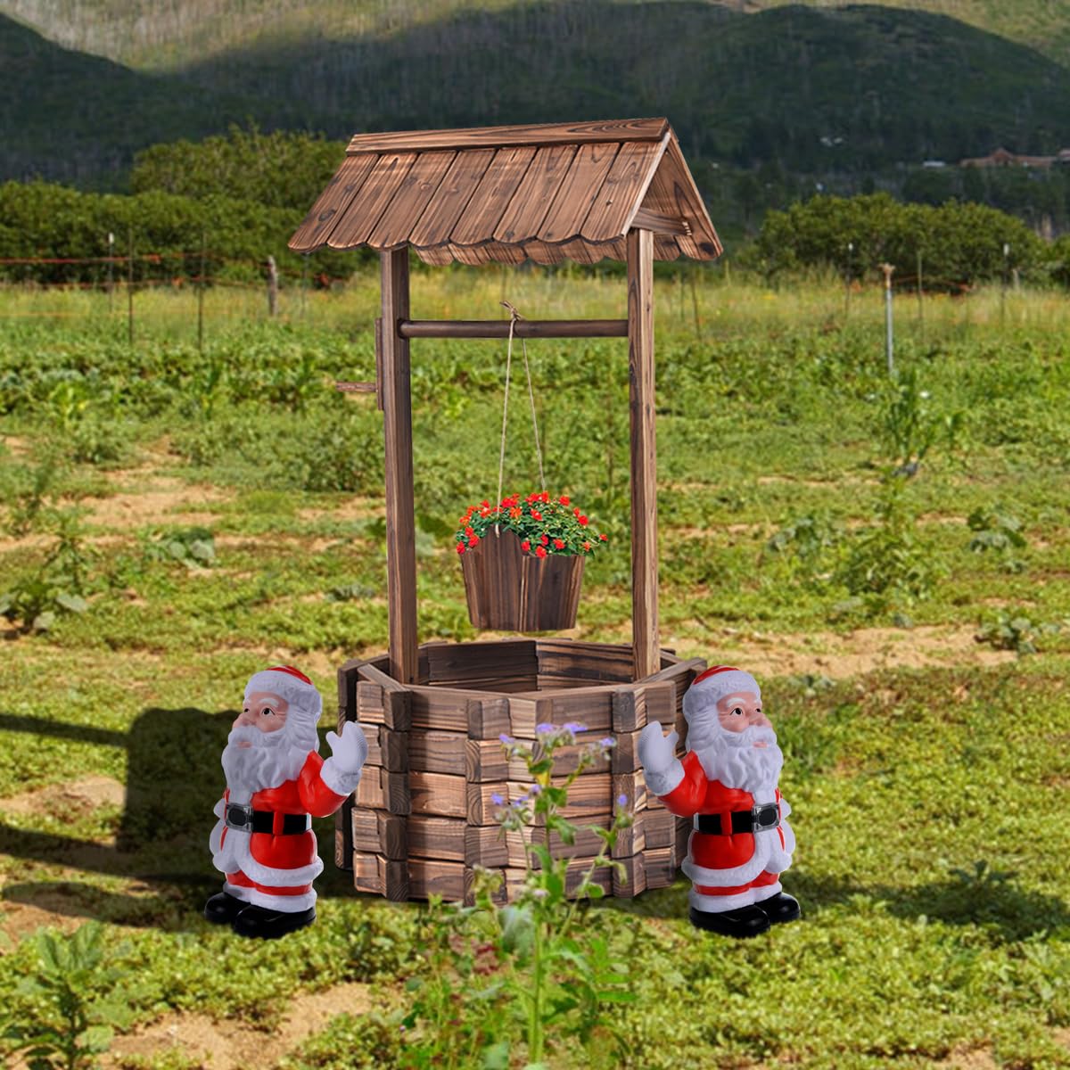 SOARS Pozo de Madera con Techo para Exterior, Fuente de Madera Regulable en Altura, Fuente Decorativa para Patio y Césped, 56 x 56 x 114cm