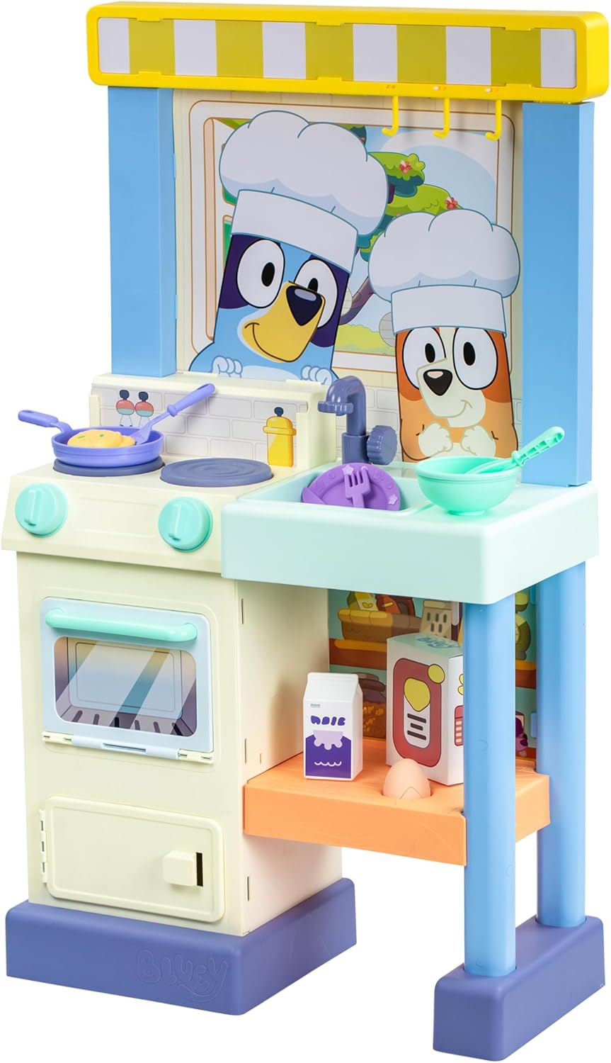 Bluey Kitchen Play Set for Kids Ages 4-8, 3ft Tall Pretend Kitchen Playset Stove, Sink, Oven & 20+ Accessories Chef Hat, Kid Play Kitchen