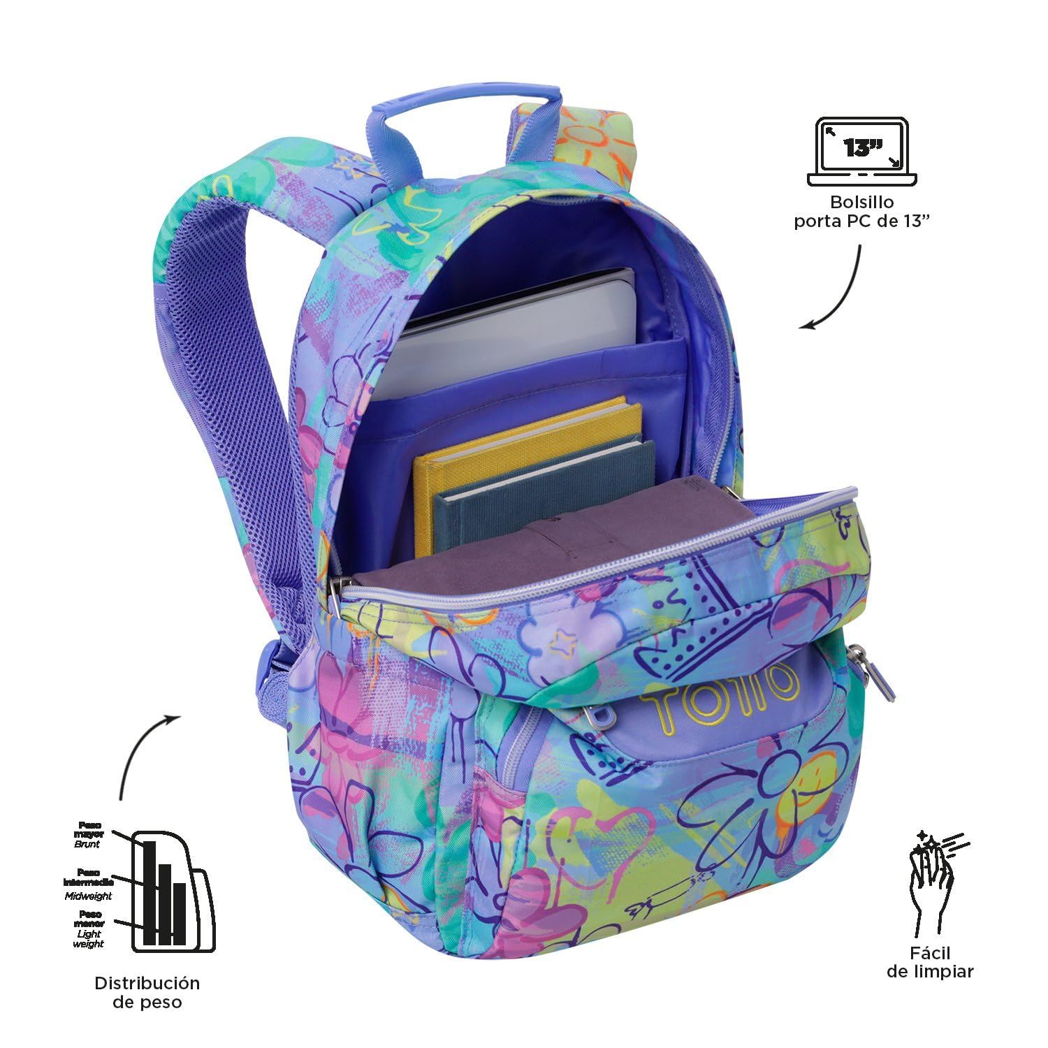TOTTO - Mochila Escolar, Modelo Gommas, Mochila Mediana, Capacidad 15 L, Bolsillo para PC 14", Bolsillo Botella, Espaldar Ergonómico con Flujo de Aire, Cómodas Correas en S, Estampado Grafily