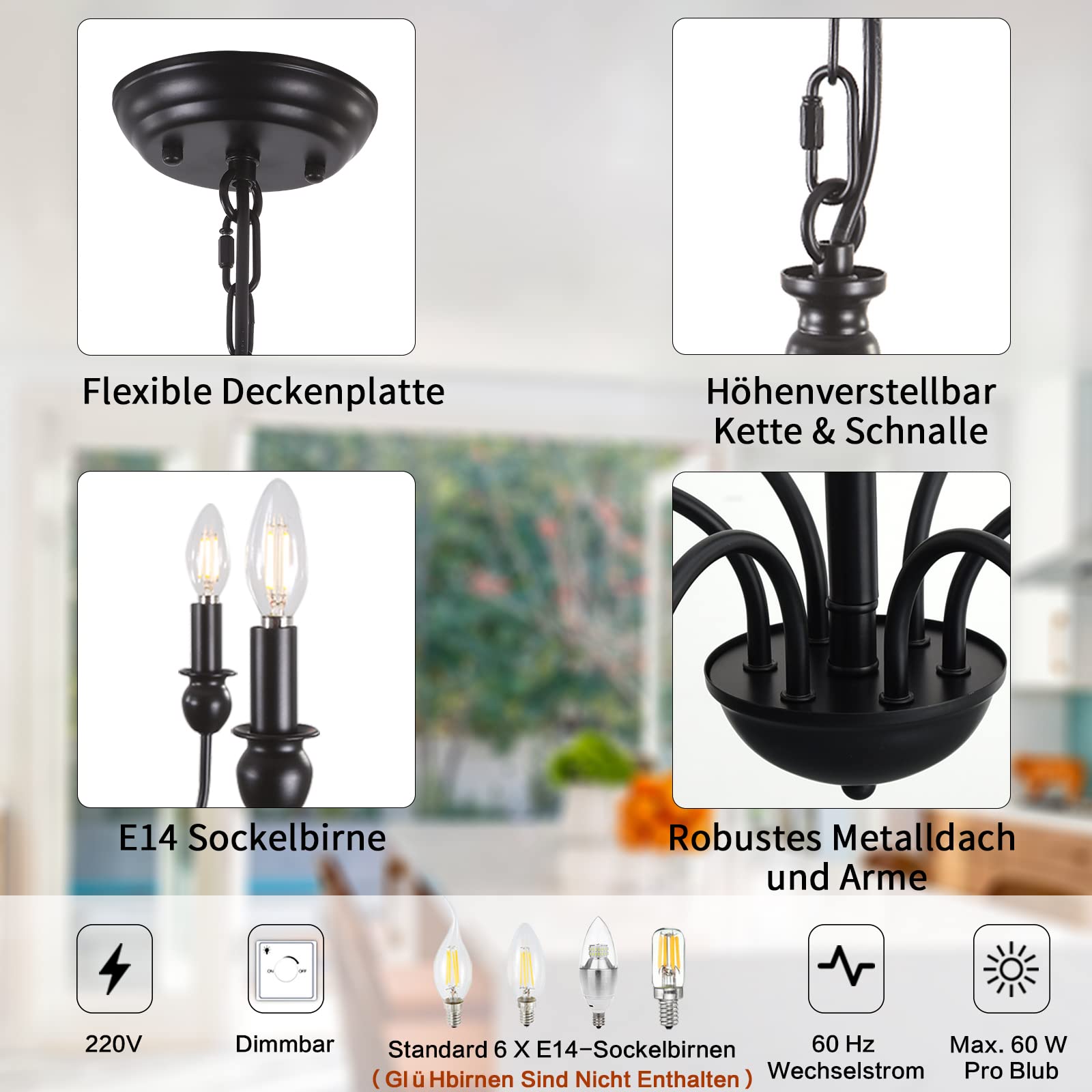 Lámpara Araña Negro 6 Luces Colgante Techo Vintage Salón Cocina Comedor