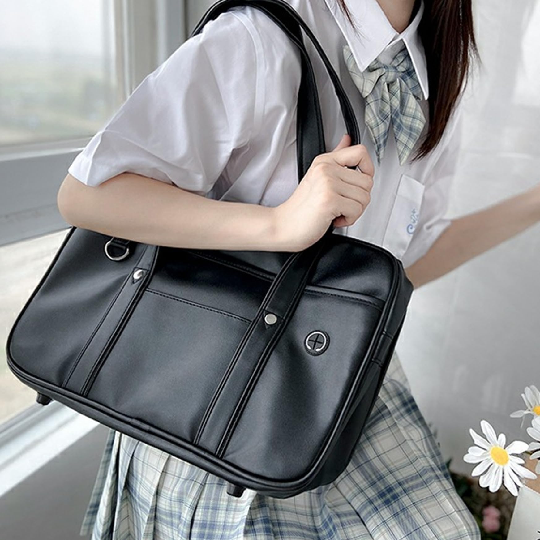 Borsa per la scuola giapponese in pelle PU, borsa multi tasca di capacità con foro per cuffie, a tracolla per laptop per studenti