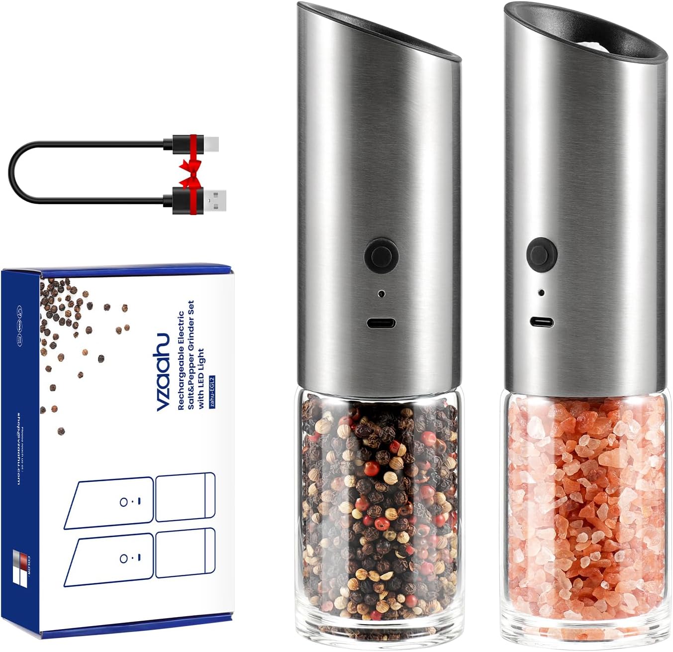 Vzaahu Gravity Electric Pepper and Salt Grinder Set of 2 - Rechargeable, Refillable, Adjustable Coarseness, Stainless Steel Seasalt Peppermill with LED light - One Hand Operation (Sliver)