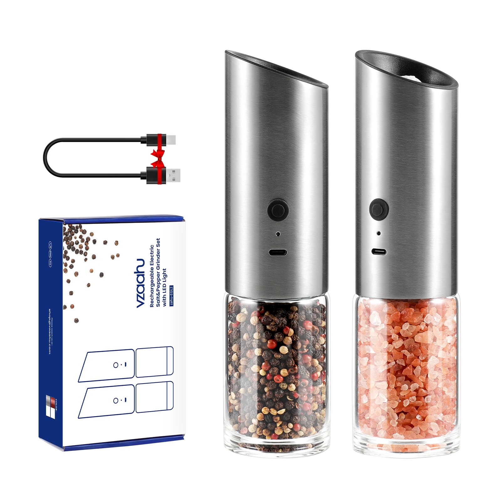 Vzaahu Gravity Electric Pepper and Salt Grinder Set of 2 - Rechargeable, Refillable, Adjustable Coarseness, Stainless Steel Seasalt Peppermill with LED light - One Hand Operation (Sliver)